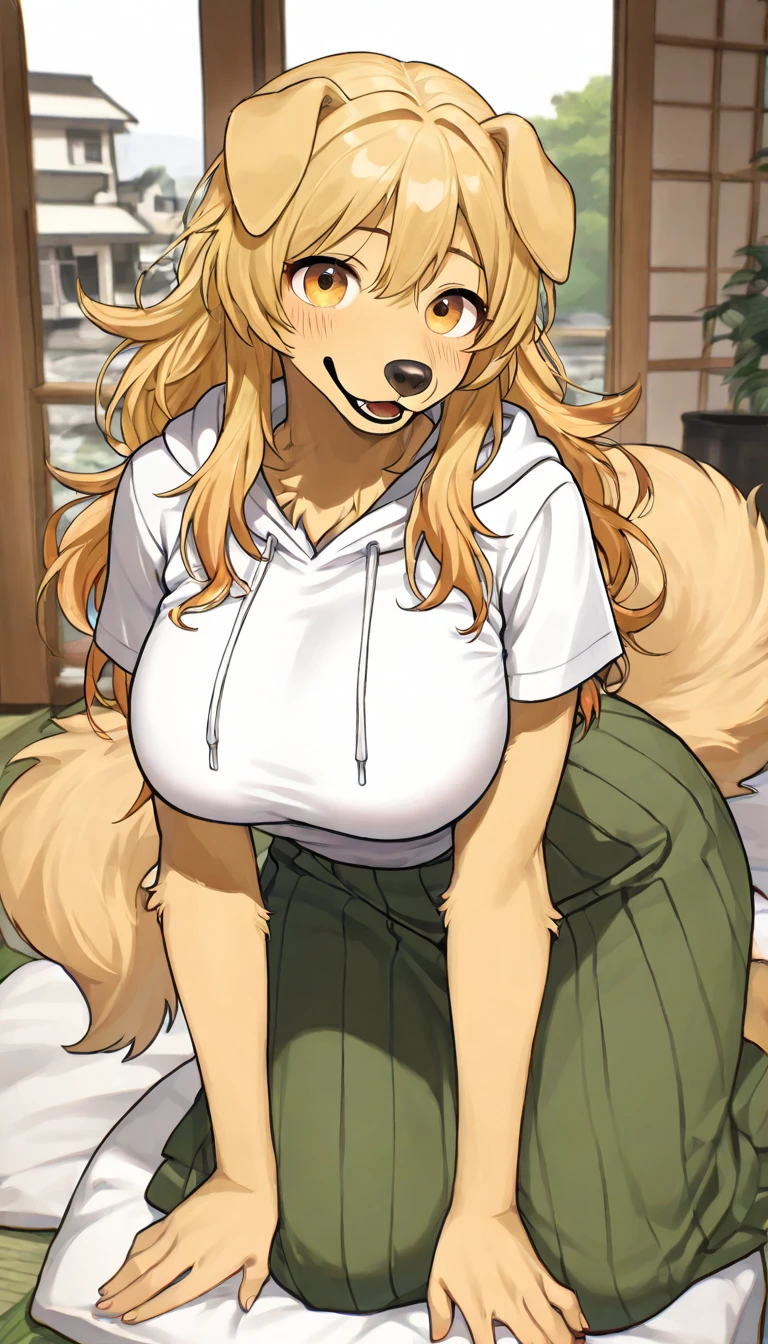 Full Body Fur、anime style、big boobs、big droopy eyes、serene atmosphere、solo、mature woman、 golden retriever、Long muzzle、Blonde、LONG HAIR、Wave Hair、Golden Eyes、A look at subjectivity、Dog Ears、tall nose、high image quality、High precision in selection、masterpiece、4k、profile、white short sleeve hoodie、green long skirt、Smile Yan、The background is a hot spring town during the day、 The background is outdoors 、You can see a Japanese-style building in the background、put one's head on the pillow、inside the apartment、Long muzzle