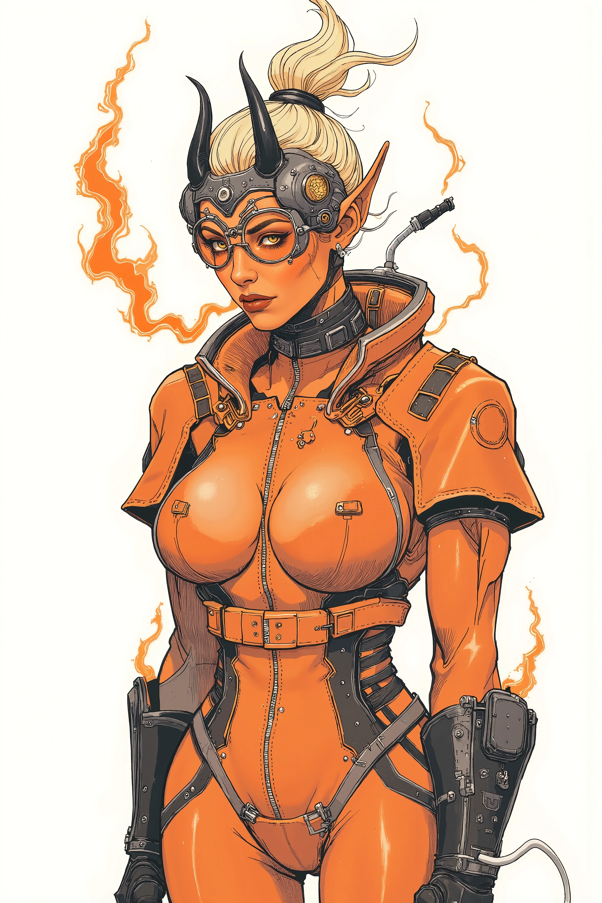 Kazmirozz Zechmiich, infernal engineer, demon woman, orange skin, small black horns, pale yellow topknot, fireproof, breathes fire, neurotic perfectionist, master crafter, sexy space suit, cleavage, standing, blank background
