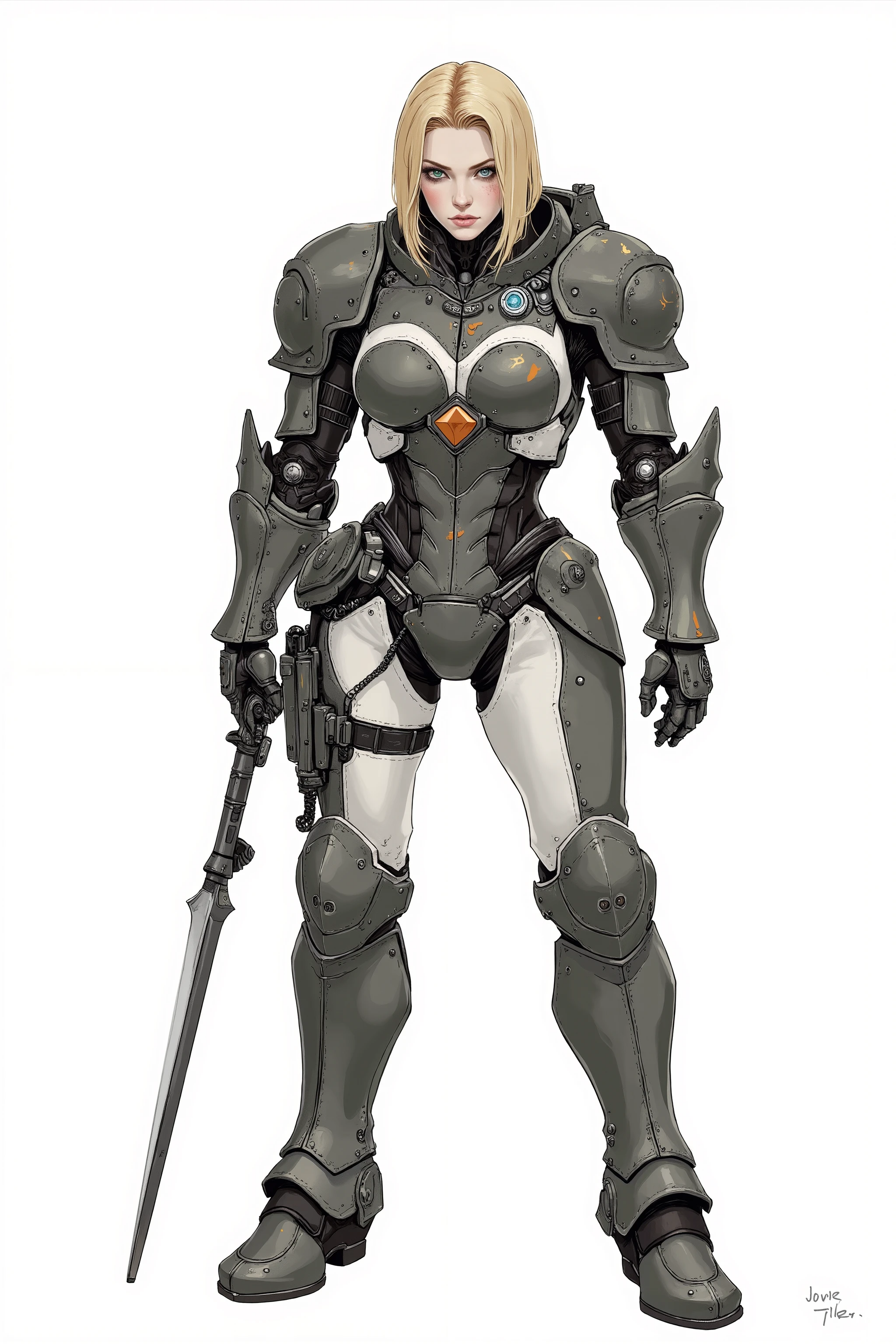 Luriketta 'Suto', armored woman, pale skin, asymmetrical blonde bobcut, bionic eyes, bionic leg, melee fighter, makeup, eyeshadow, cook, artist, psychopath, power armour, (cataphract armor style), sexy space suit, pinup, bulky armour, standing, blank background