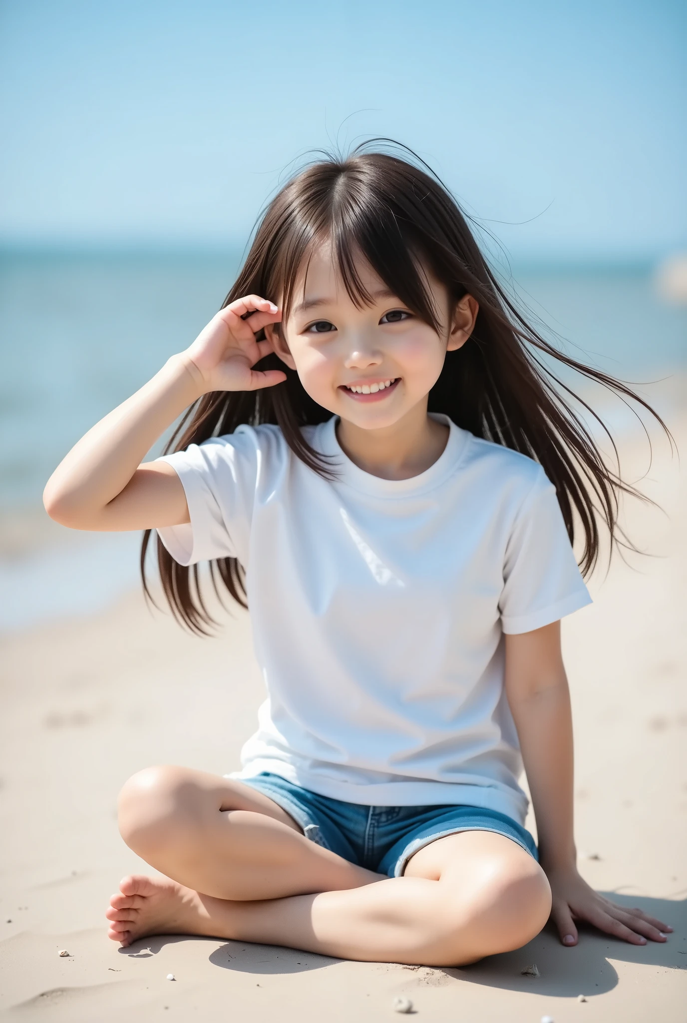 highest quality, masterpiece, 8k, highest resolution, very cute japanese girl, cutest girl in japan, very young, elementary school student, 8 years old, round face, white t-shirt, sleeveless, very long hair, strong wind blows long hair, denim shorts, very short pants, long shirt hides shorts, outdoor, full body, sandy beach, laughing, open mouth, barefoot, looking at viewer, sitting on sand, spreading legs, she runs her fingers through her hair, blue sky, raise hand up at ear, middle-sized breasts