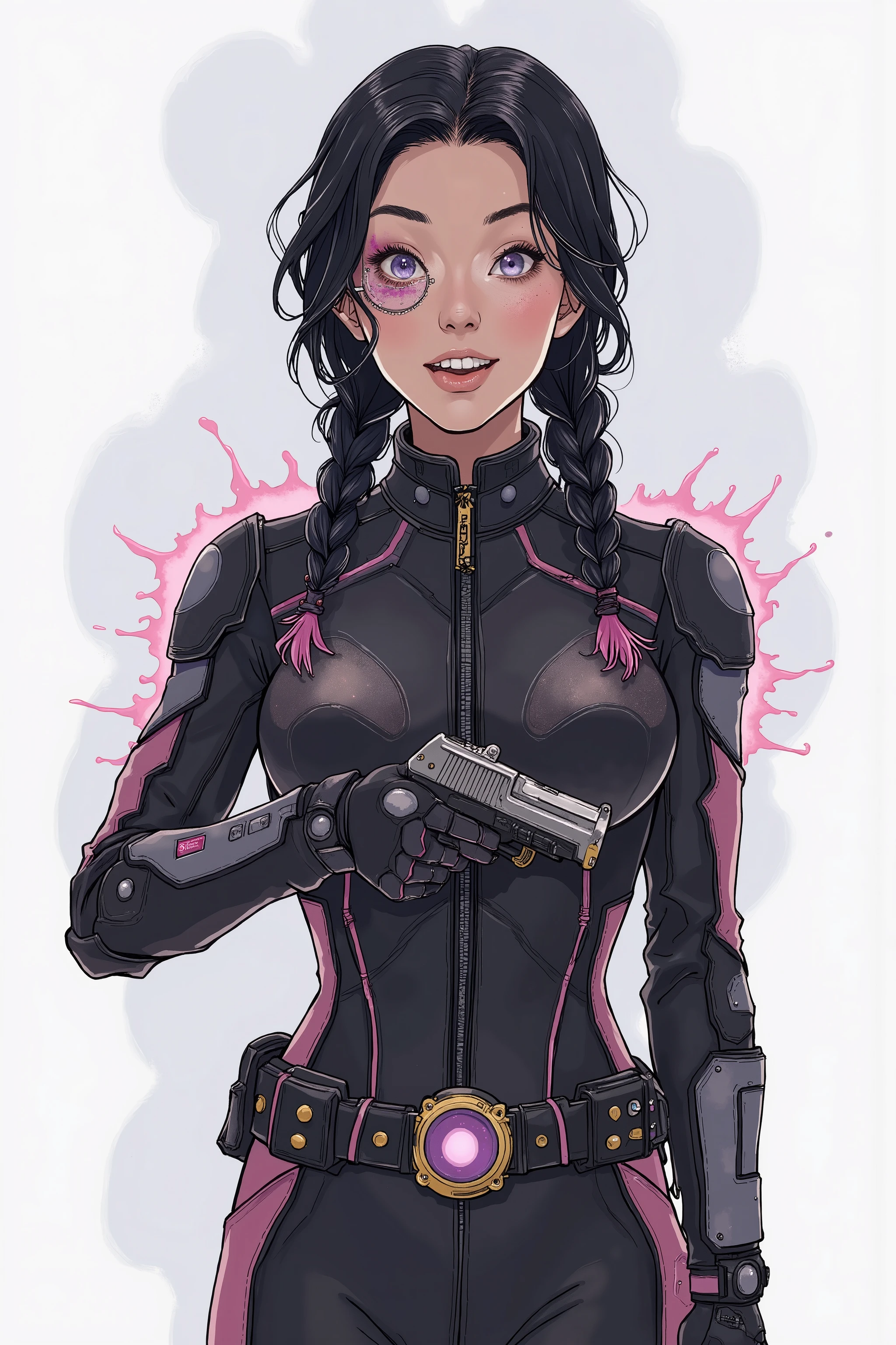 MJ 'Scowl' Volkov, beautiful woman, braided black hair, pigtails, bionic eye, joyful, pink highlights, void fascination, social, shooter, animal handler, sexy black space suit, cameltoe, standing, blank background