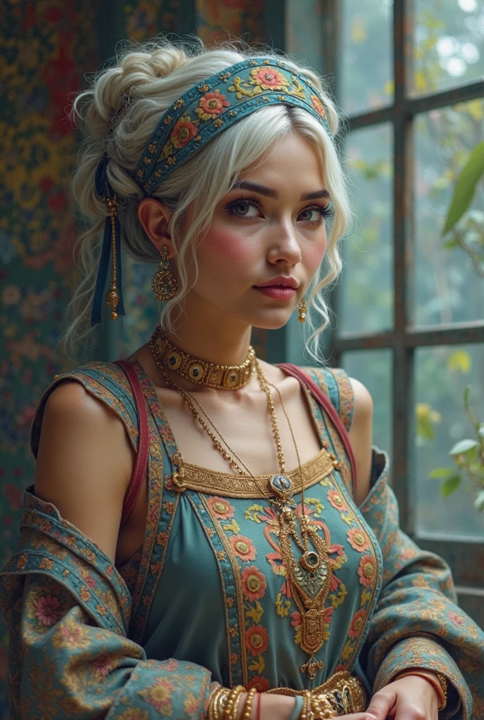 Generate a (hyperdetailed, realistic, Full Body), photo of Nia, (((turquoise color eyes))), (((long, silky, straight, Ombre blend of shimmering silver and celestial blue hair))), (((Position Nia with her long, silky hair styled in an elegant, low bun with sections of hair intricately braided and pinned back, adorned with small, delicate flowers woven into the braids))), (fair skin:1.4), (((Massive round natural breasts with deep cleavage))), (Massive round natural Breasts:1.8), (Greek and Russian mix ethnicity), (hourglass figure, perfect body, , perfect , masterpiece, best quality).(((She is wearing a flowing, floor-length Golden color medieval-style dress in rich Crimson Red jewel tones, the soft fabric complementing her curves. The dress features lace-up details, long sleeves, and intricate embroidery))) Nia strolls through the castle gardens, stopping to admire the vibrant flowers and lush greenery. Her medieval dress contrasts beautifully with the natural surroundings, and her braided hair with small flowers adds to the romantic, historical feel. The sunlight filters through the trees, casting dappled shadows on the path. She wears a gold necklace with delicate round gold locket, its surface adorned with the symbol of an OWL. She is wearing a flowing, floor-length Golden color medieval-style dress in rich Crimson Red jewel tones. 8k, (Fit, Athletic, Tall), (Massive Breasts), (Highly detailed  and skin texture), (Best quality, ultra detailed, Golden ratio, Masterpiece:1.2), (Theatrical lighting:0.7, Perfect rare face), (Highly detailed skin), skin texture, Pale skin, shiny skin, (thin, large size:1.2), [:(Sharp focus on rare face, perfect eyes:1.2):0.2], hyperdetailed photography, UHD, realistic skin texture, shot with Canon EOS 5D Mark IV and Canon EF 50mm f/1.4 USM lens, highly detailed.
