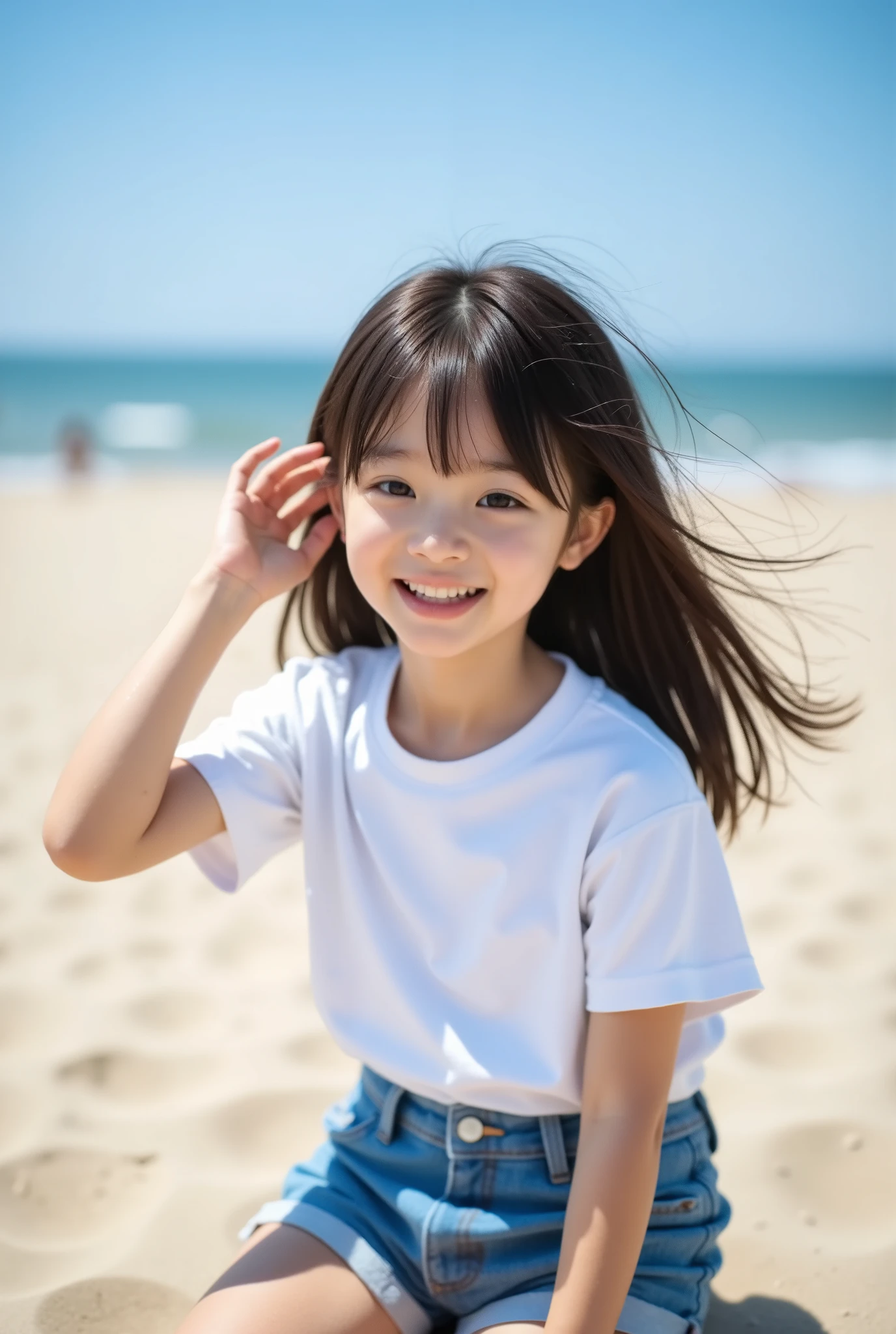highest quality, masterpiece, 8k, highest resolution, very cute japanese girl, cutest girl in japan, very young, elementary school student, 8 years old, round face, white t-shirt, sleeveless, very long hair, strong wind blows long hair, denim shorts, very short pants, long shirt hides shorts, outdoor, full body, sandy beach, laughing, open mouth, barefoot, looking at viewer, sitting on sand, she runs her fingers through her hair, blue sky, raise hand up at ear, middle-sized breasts