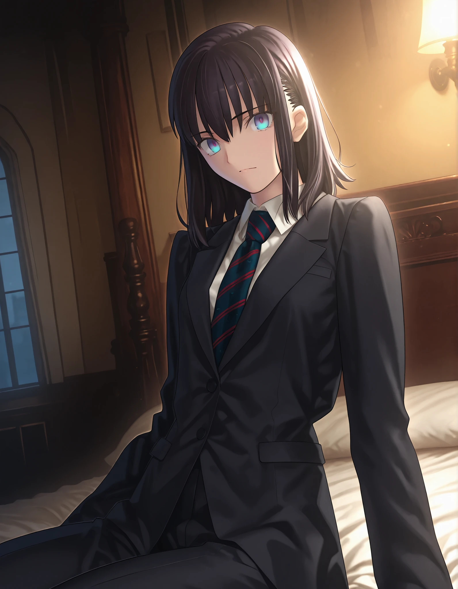 masterpiece, best quality, amazing quality, , 1girl, solo, mansion, looking at viewer,  <lora:Fate_SNHA_style_ILL-v2:1> fatesnhastyle, game cg,fatevnstyle, ((cinematic light)),  blue eyes, wavy hair ,black hair, hair down, medium hair, side undercut, crew cut, 
 , (detailed black suit style), white undershirt, striped necktie,  , (small ), ,(dutch angle),(sitting on bed), , cowboy shot, black hair, [(gradient eyes from {blue} to {green}):0.9], {detailed beautiful hair}