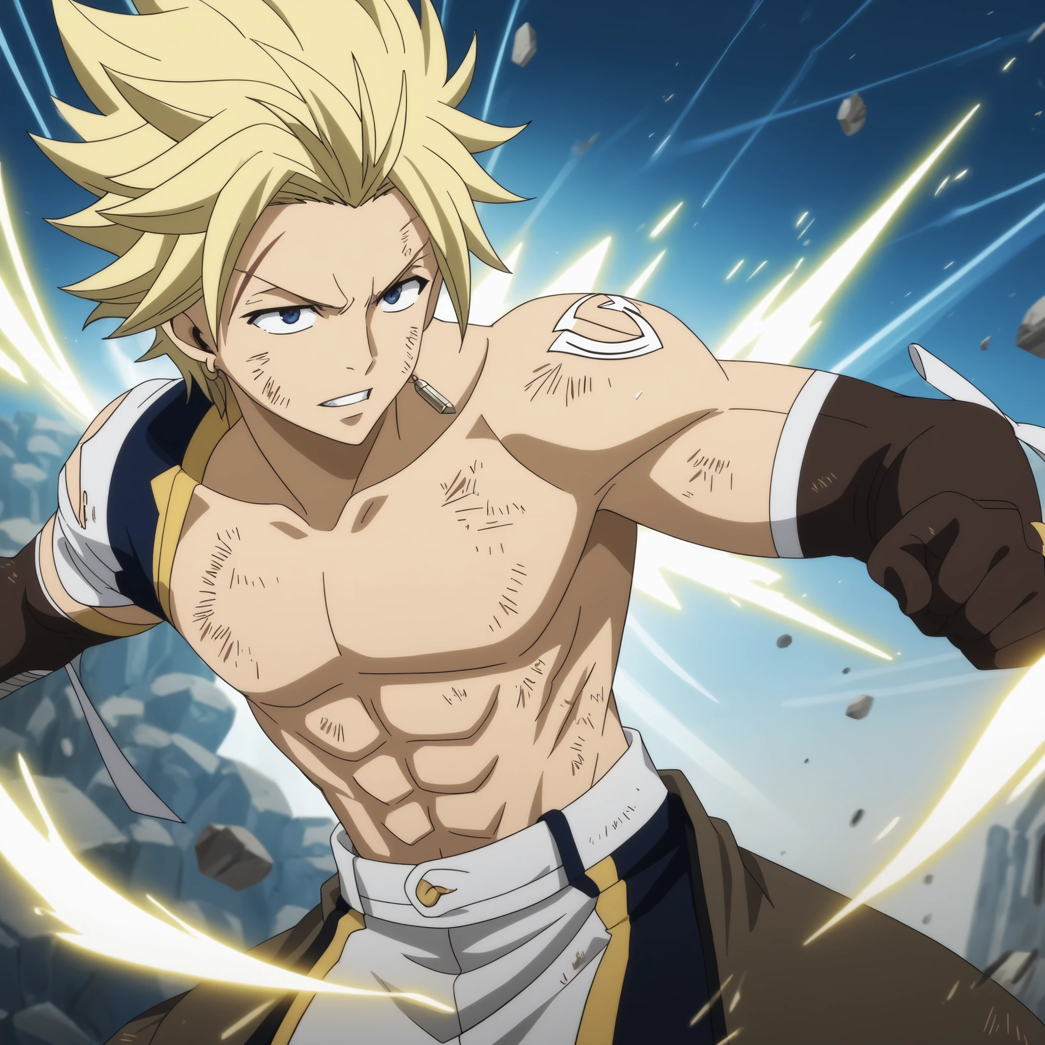 sting eucliffe-1male focus, battle stance, ripped clothes, golden magical aura around him, intense look, blonde_sting eucliffe_hair glowing, brown_sting eucliffe_single scar, blue_sting eucliffe_eyes shining with power, light yellow_sting eucliffe_single earring, debris background, energy sparks, anime screencap, official style