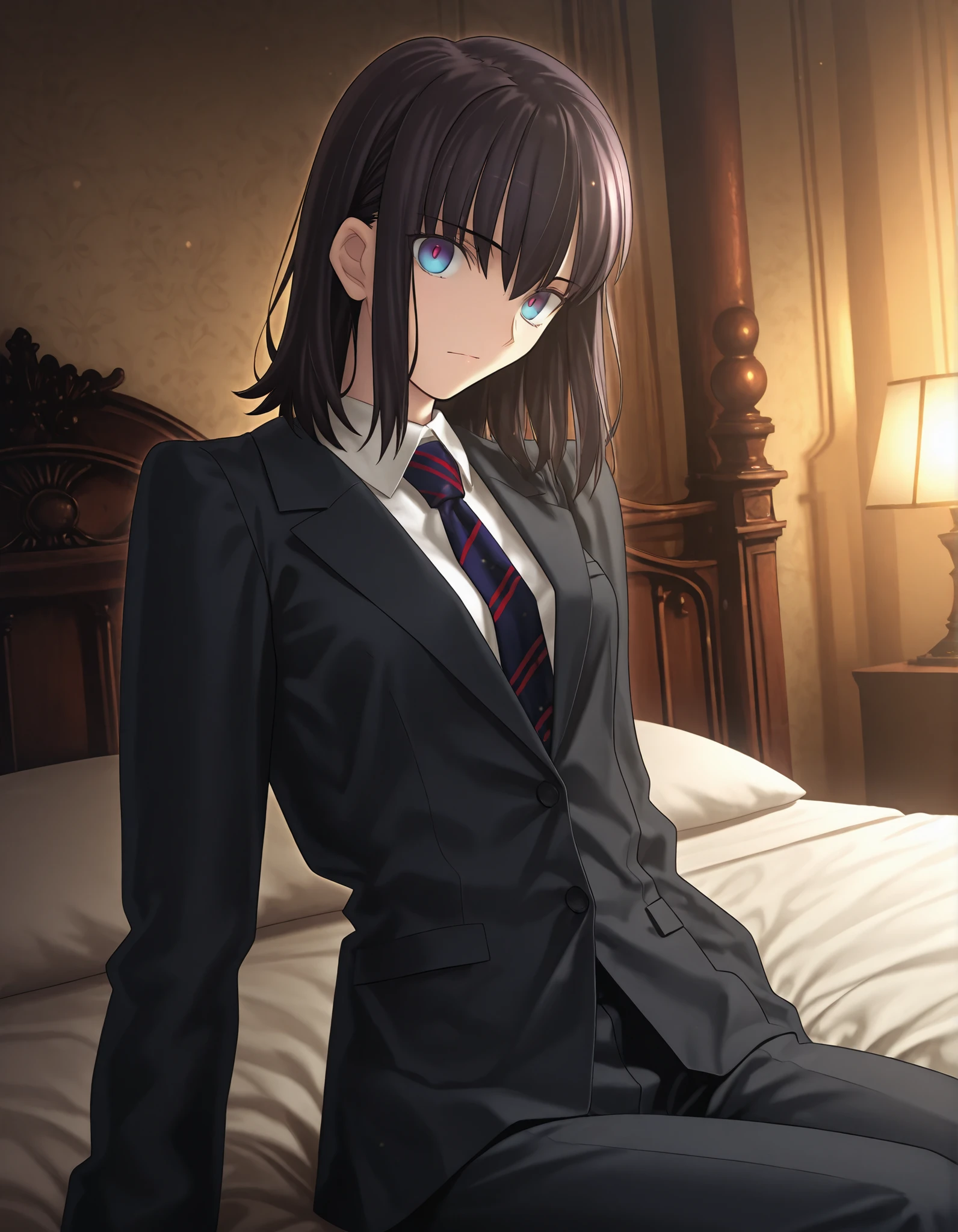 masterpiece, best quality, amazing quality, , 1girl, solo, mansion, looking at viewer,  <lora:Fate_SNHA_style_ILL-v2:1> fatesnhastyle, game cg,fatevnstyle, ((cinematic light)),  blue eyes, wavy hair ,black hair, hair down, medium hair, side undercut, crew cut, 
 , (detailed black suit style), white undershirt, striped necktie,  , (small ), ,(dutch angle),(sitting on bed), , cowboy shot, black hair, [(gradient eyes from {gray} to {light green}):0.9], {detailed beautiful hair}