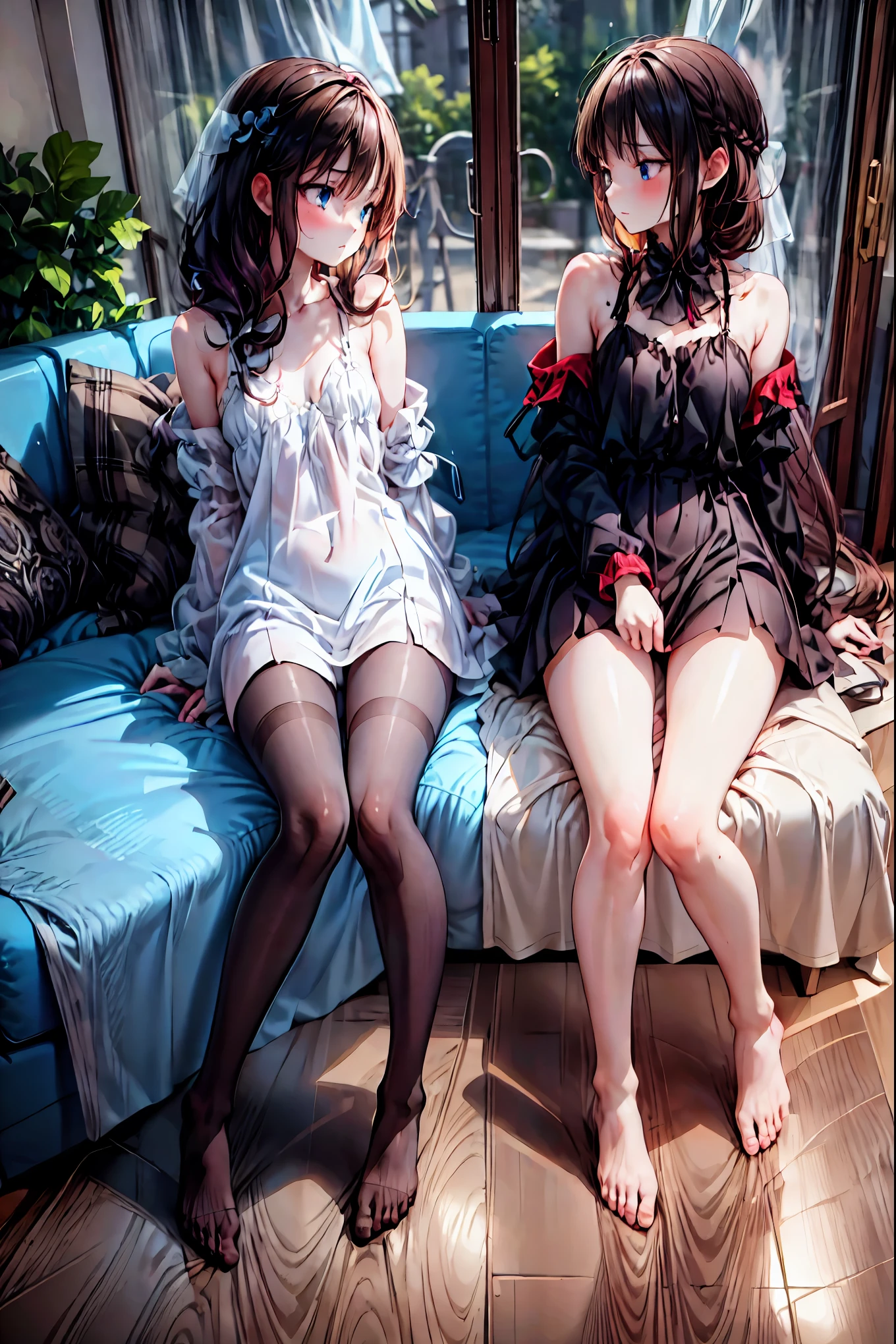 -Yuri , multiple girls,   2 Girls, Yuri,   dress, Put your hands on the couch, Long Hair, {{kissu, plant,   close her eyes  ,   window  , indoor,   sitting, blurry foreground, on Put your hands on the couch, white   dress, blurry,   throw out your shoulders    , Moon, potted plant,   The depth of the boundary described,   sleeveless   dress, Blonde,   sleeveless, , black   dress,   dark haired, pillow, bottle,  wrist, full Moon,   Knight , books, , very Long Hair, collarbone,    foot  , の谷間, cup, Bang, null,   brown hair, medium ,   wavy hair, curtain,   SPAGHETTI STRAP  , cushions, Particles of Light,   Profile，  high school students  ，、  brown hairのポニーテール，French{{kissu, Barefoot，  ，  {{x}}  ，小さい，  small  when viewed from below  ，beautiful   Profile，Clear limbs， characteristic bridge of the nose   ，    anatomically correct limbs    ，brown hair， shortcut ， tousled hair， short braided hair ，neat， Slender and beautiful，correct posture，小さな部， 美しいfoot， Your enchanting gray-blue eyes shine like stars，Saggy Eyes， bright color , Beautiful Eyes,A delicate smile,Textured Skin, BEST QUALITY BEST , gently beautiful woman , anime style､