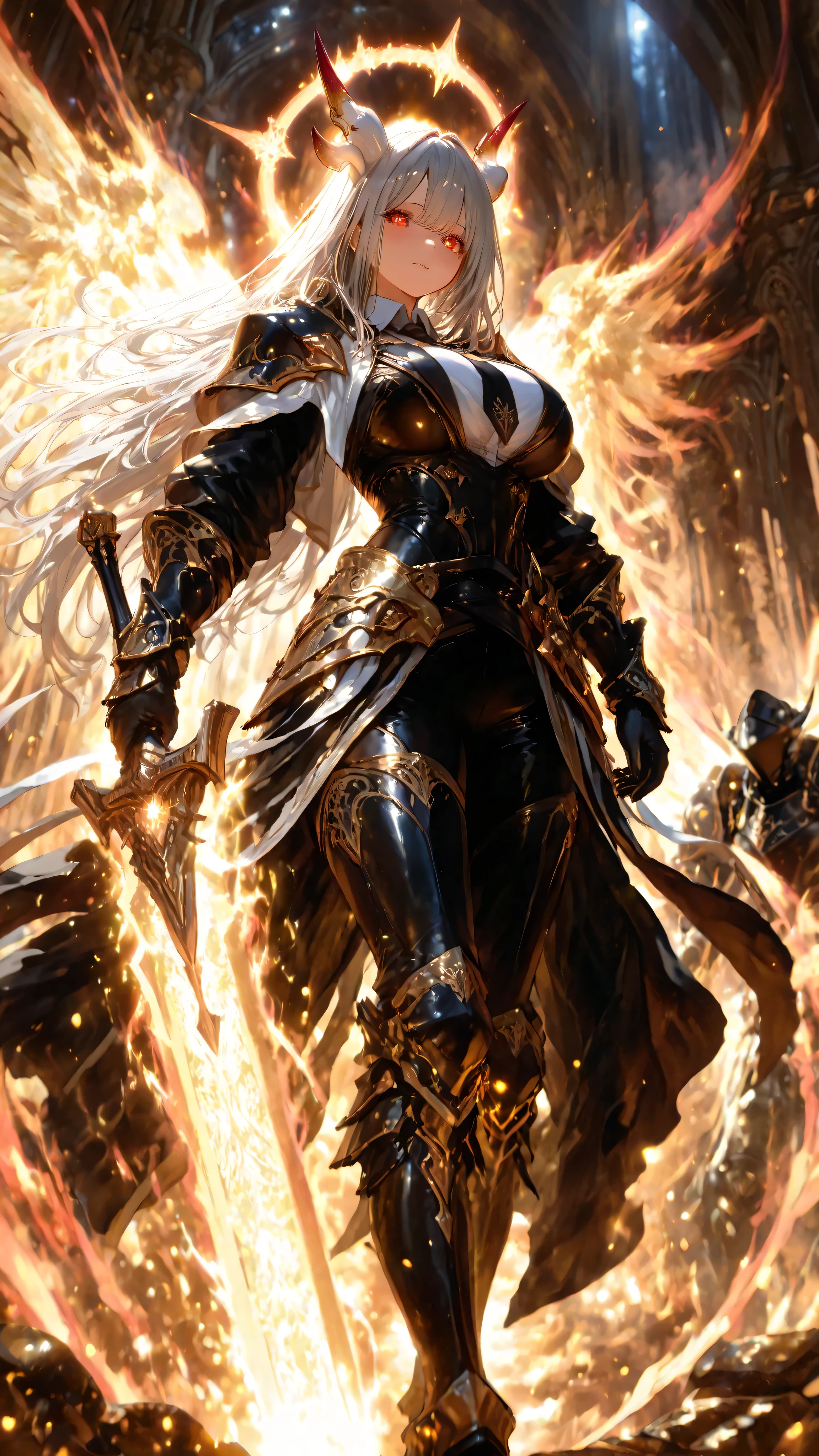 divine light magic, radiant aura,sacred energy, halo,Masterpiece, best quality, professional photography, ultra detailed,engraved,magic effect, girls are walking. detailded dragon red eyes, girls has dignified expression, detailded face, One girl is wearing black gauntlets on both hands. The gauntlets are decorated with gold. The girl is wearing a stylish decorated black jacket suit for combat. A white shirt with a black tie and black pants. She wears black mecha that resemble dragon horns and ears. In her hand she holds a powerful decorated black long huge sword weapon,magic effect, The other girl has long legs and wears high-heeled boots that look like black armor. The boots are also decorated with gold. Silver long hair/big breasts/masterpiece/best quality/extremely detailed