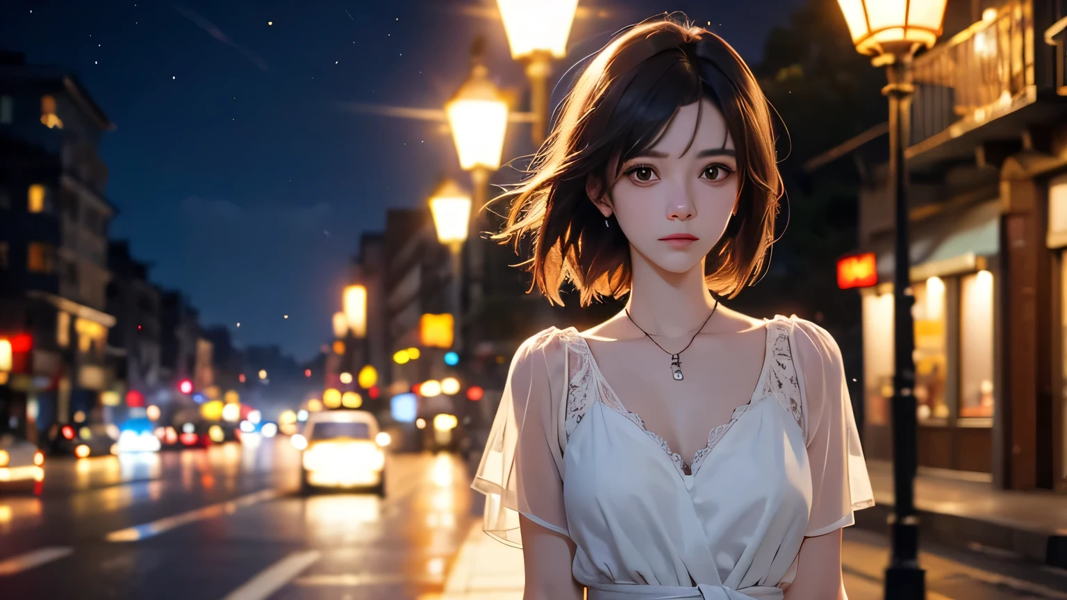 A 2.5D young woman, waist-up, standing under warm streetlights on a quiet night street, soft breeze moving her hair, distant city lights softly glowing, expression of gentle sadness and hope, cinematic lighting, highly detailed, 16:9 aspect ratio, ultra high resolution, semi-realistic anime style with soft focus, inspired by Makoto Shinkai’s color palette and framing
