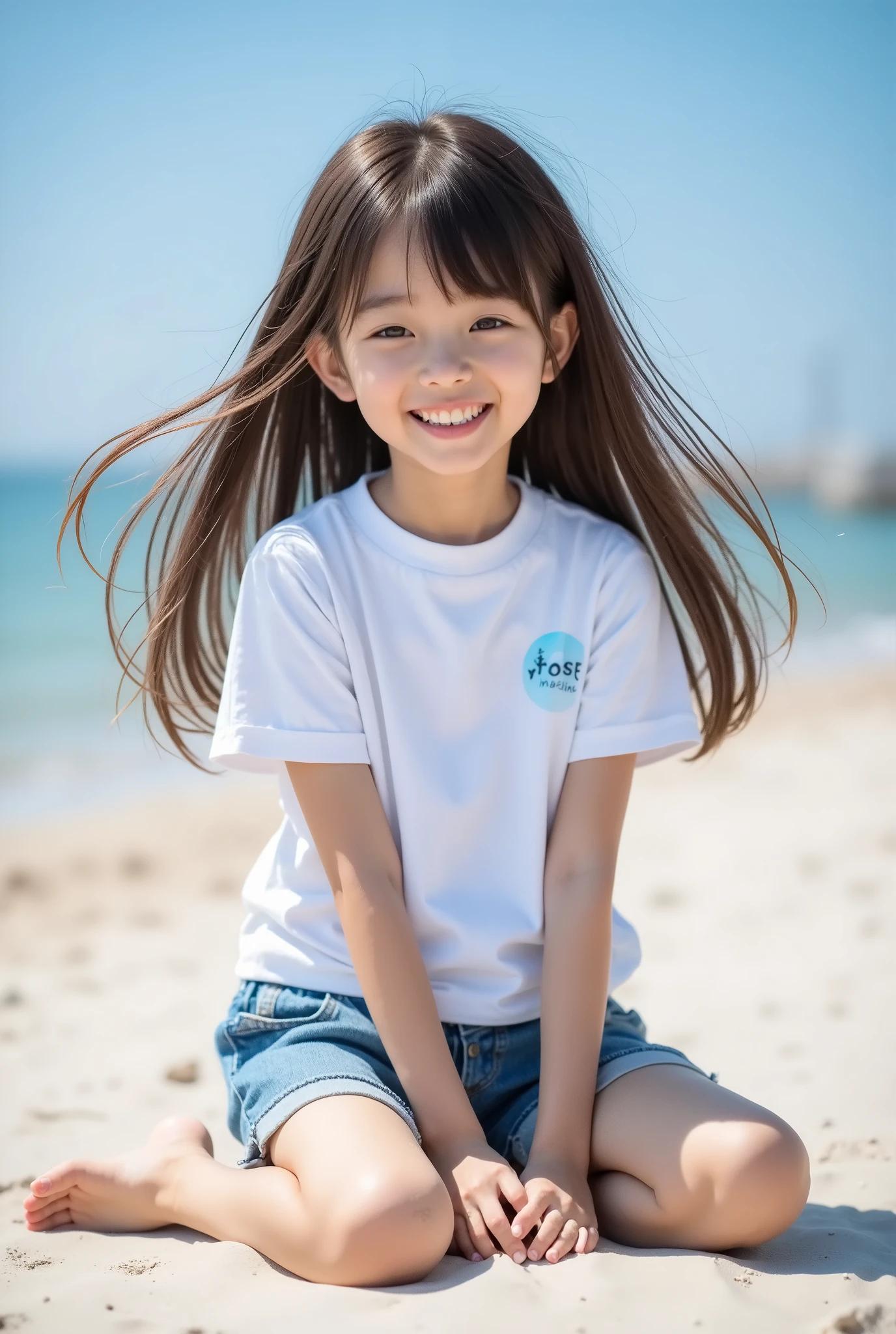 highest quality, masterpiece, 8k, highest resolution, very cute japanese girl, cutest girl in japan, very young, elementary school student, 8 years old, round face, white t-shirt, sleeveless, very long hair, strong wind blows long hair, denim shorts, very short pants, long shirt hides shorts, outdoor, full body, sandy beach, laughing, barefoot, looking at viewer, sitting on sand, she runs her fingers through her hair, blue sky, raise both hands up at ear, middle-sized breasts, toes