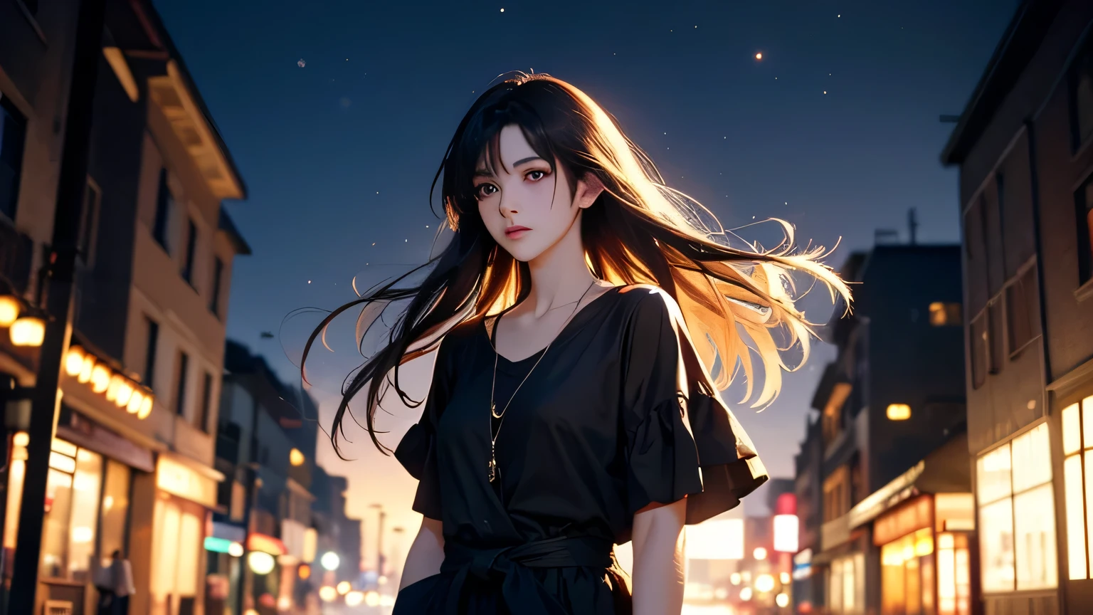 A 2.5D young woman, waist-up, standing under warm streetlights on a quiet night street, soft breeze moving her hair, distant city lights softly glowing, expression of gentle sadness and hope, cinematic lighting, highly detailed, 16:9 aspect ratio, ultra high resolution, semi-realistic anime style with soft focus, inspired by Makoto Shinkai’s color palette and framing、完璧に美しい顔、完璧に美しい手、目の周りは特に細かく表現