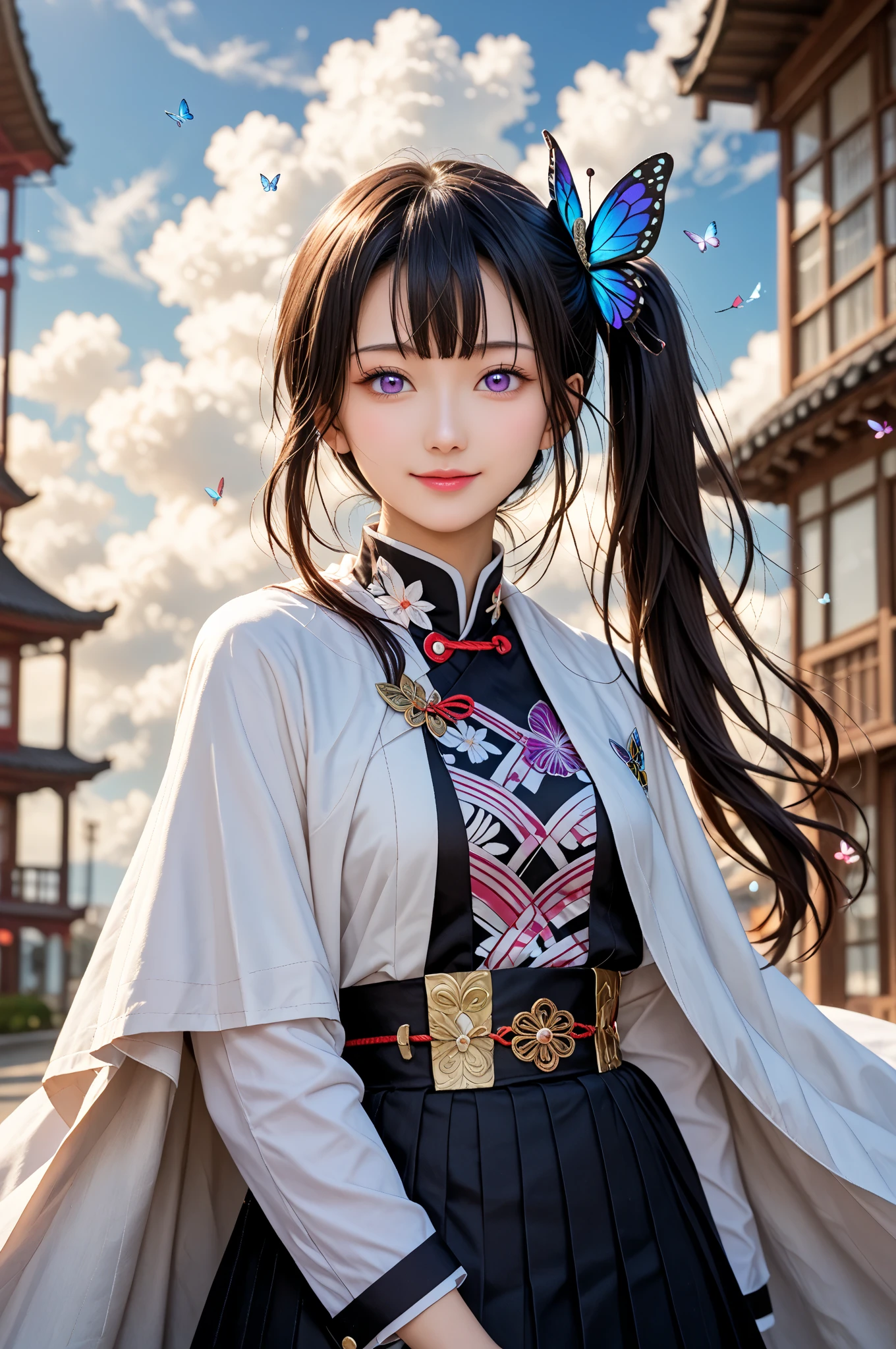 28 year old female。beautiful、City of night、Looking up at the stars in the sky、Serious face、Composition from below、Tons of stars、Place your hand on your 、Fluttering skirt、White  with no ribbon showing