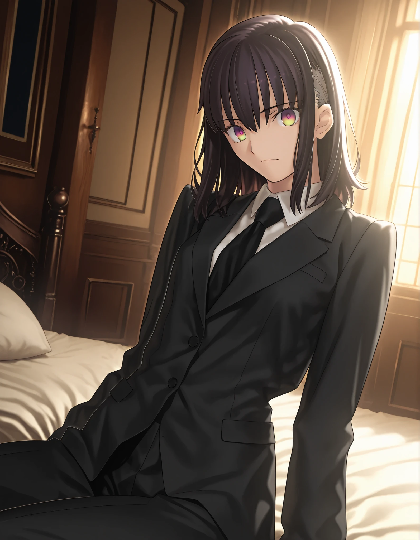 masterpiece, best quality, amazing quality, , 1girl, solo, mansion, looking at viewer,  <lora:Fate_SNHA_style_ILL-v2:1> fatesnhastyle, game cg,fatevnstyle, ((cinematic light)), [(gradient eyes from {black} to {light green}):0.2], {detailed beautiful hair} ,eyes, wavy hair ,black hair, hair down, medium hair, side undercut, crew cut, 
 , (detailed black suit style), white undershirt, black necktie,  , (small ), ,(dutch angle),(sitting on bed), , cowboy shot, black hair, 