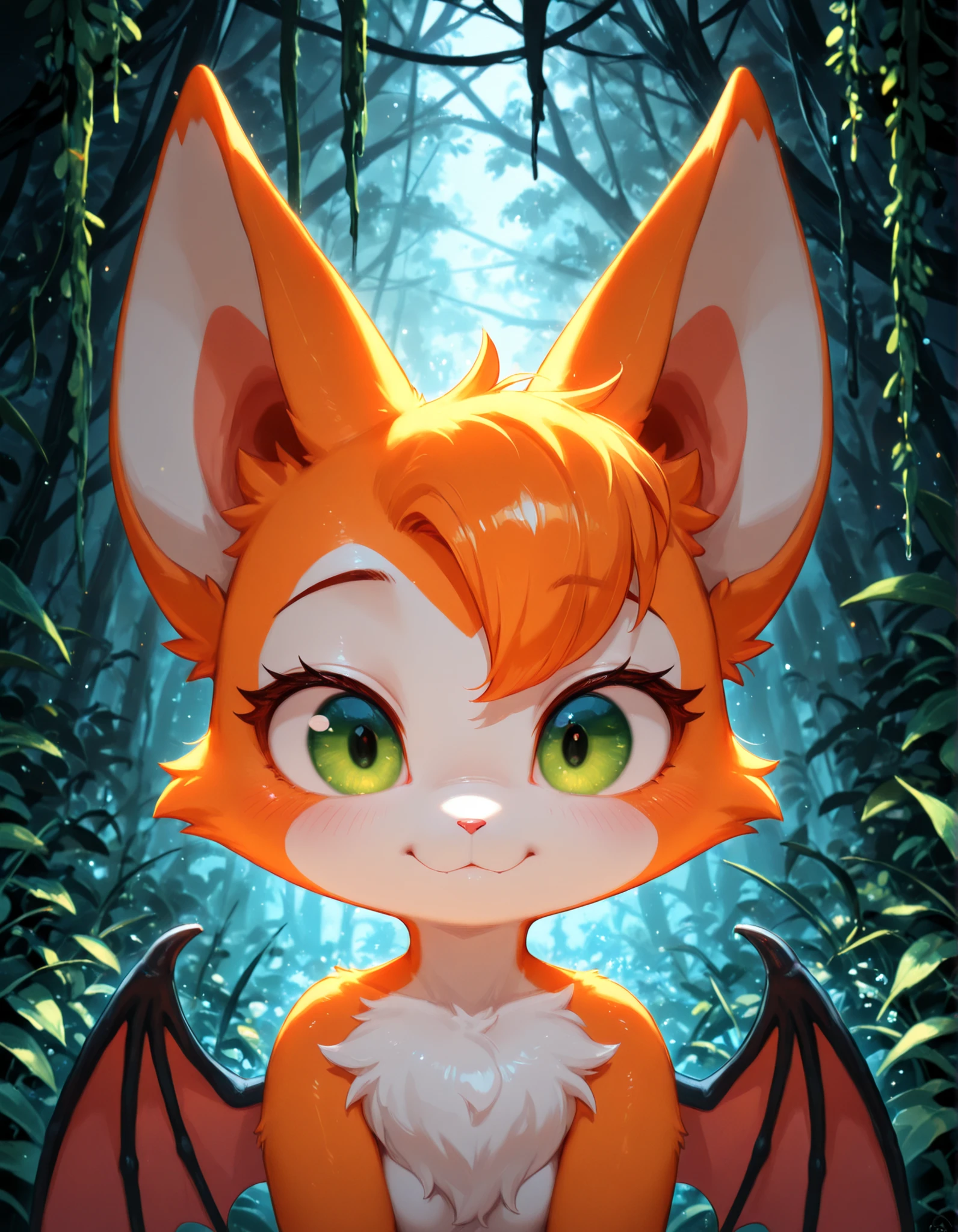 ,, masterpiece, best quality, very aesthetic, (1girl:0.7),, (solo:1.3), furry, fidget \(elysian tail\), nimbat, fidget_daet, anthro, furry female, wings, tail, green eyes, colored sclera, bat wings, facial markings, orange fur, white fur, two-tone fur,membranous wings, fluffy, portrait, big eyes, young, BREAK, masterpiece, best quality, high quality, particles effect, [:by Desubox:0.15], [:by Anchee, by Snowskau:0.55], detailed background, detailed foreground, subtle shadows, depth of field, backlighting, plant, nude
