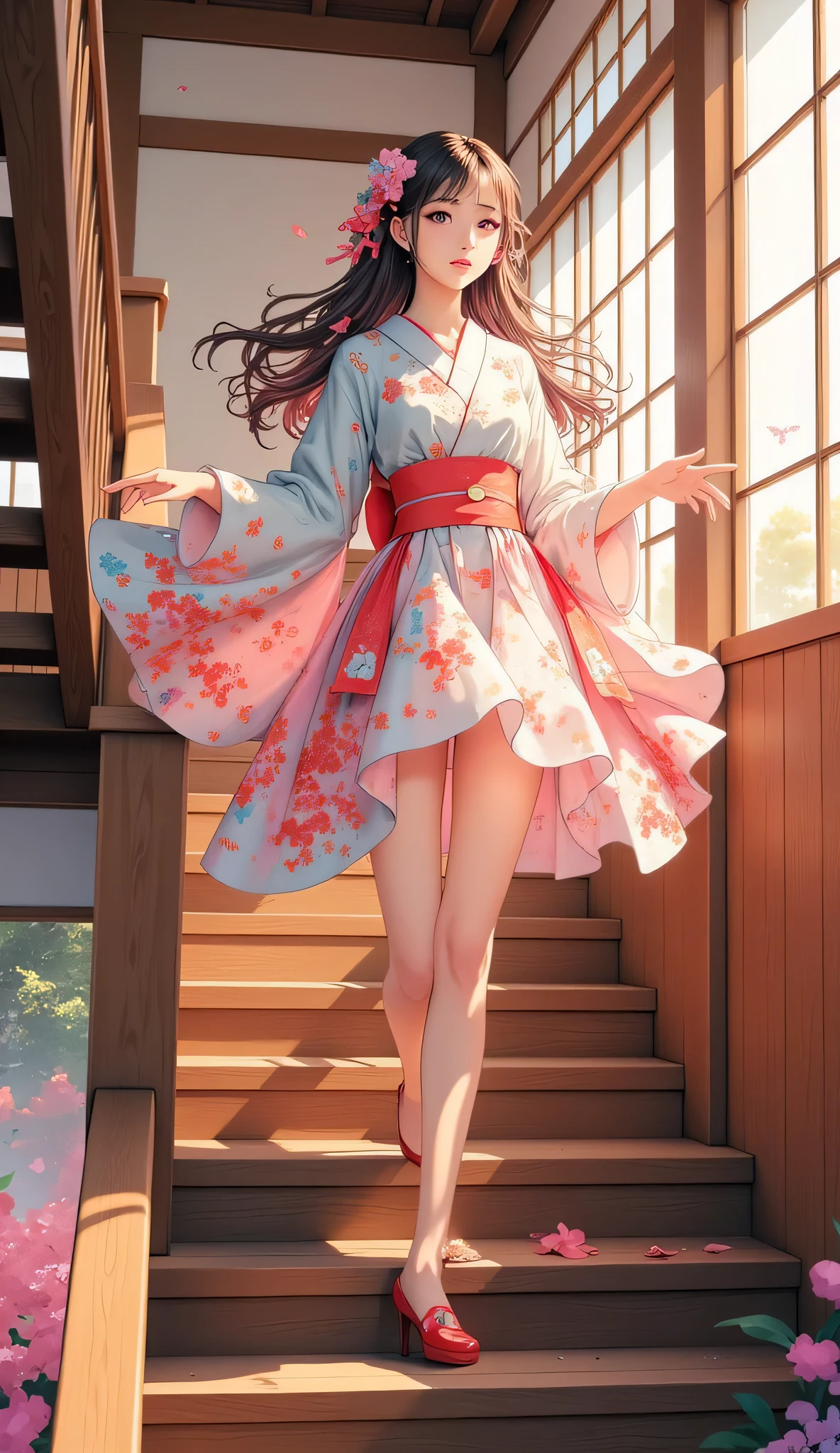 a woman almost falls down the stairs,Japanese,woman standing on stairs,Anxious Expression,fluttering hands,Stairs with high steps,Wooden Staircase ,Inside a Japanese house,Sunlight Shines,wearing elegant kimonos,4K realistic pictures,High precision in selection,HDR,studio lighting,Beautiful Color,grace,Japanese Tradition,delicate texture,Realistic
