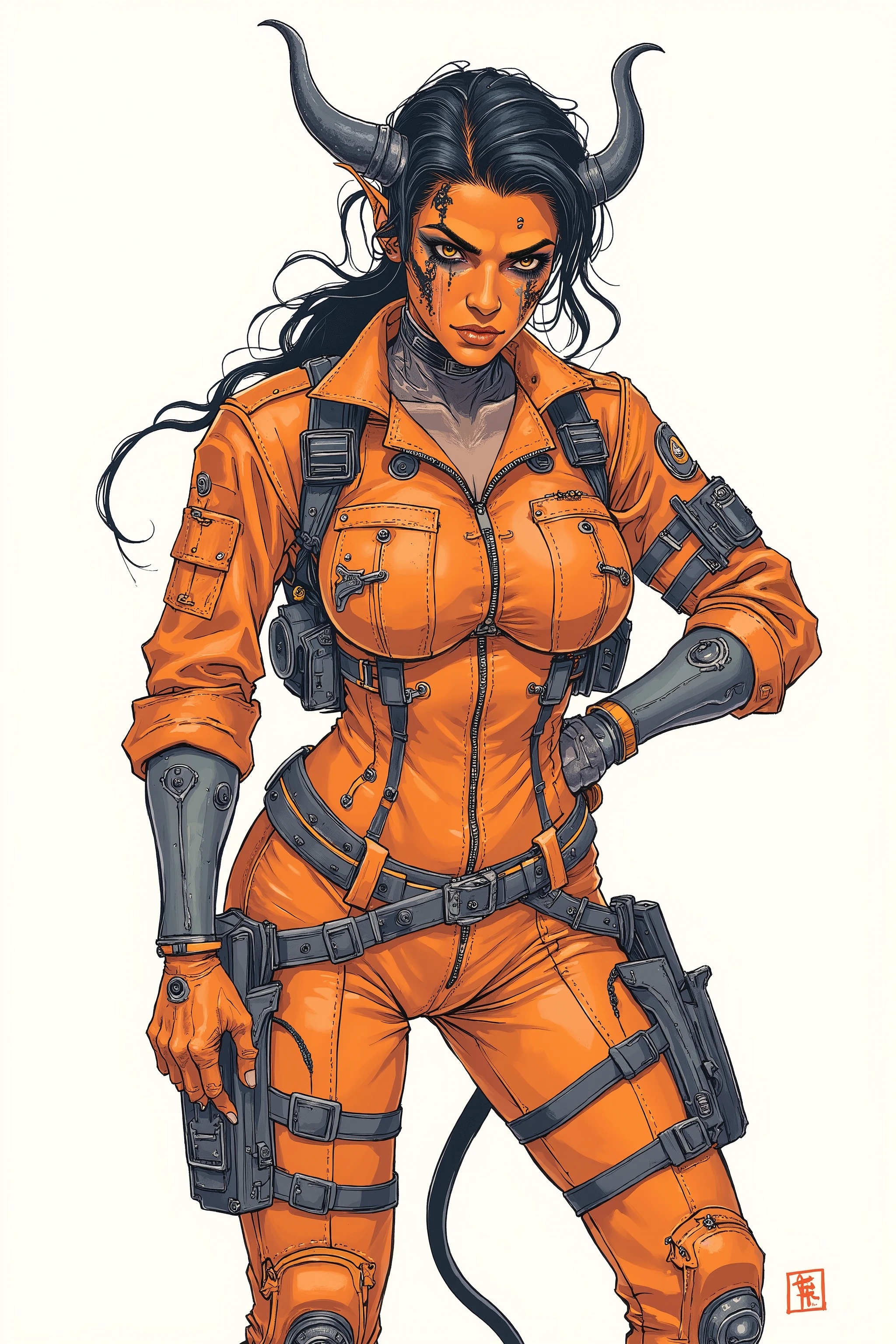 Nonove Vzrat, infernal engineer, demon woman, orange skin, small black horns, soot-smeared face, rugged and sharp-eyed, cave explorer, miner and field medic, heat-resistant jumpsuit, sexy space suit, cleavage, standing, blank background