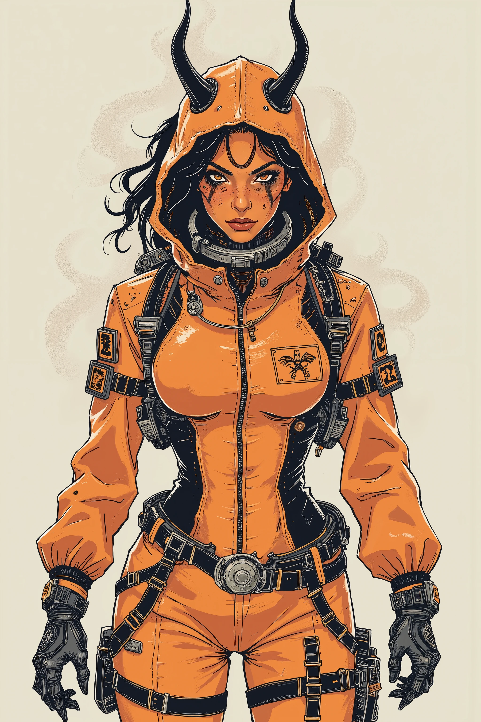 Nonove Vzrat, infernal engineer, demon woman, orange skin, small black horns, soot-smeared face, rugged and sharp-eyed, cave explorer, miner and field medic, heat-resistant jumpsuit, sexy space suit, cleavage, standing, blank background