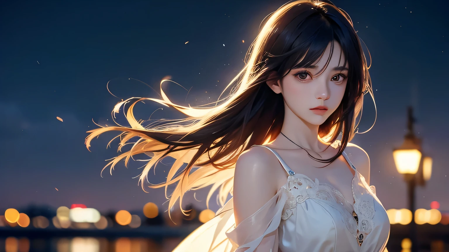 A 2.5D young woman, waist-up, standing under warm streetlights on a quiet night street, soft breeze moving her hair, distant city lights softly glowing, expression of gentle sadness and hope, cinematic lighting, highly detailed, 16:9 aspect ratio, ultra high resolution, semi-realistic anime style with soft focus, inspired by Makoto Shinkai’s color palette and framing、完璧に美しい顔、完璧に美しい手、目や瞳は特に細かく表現