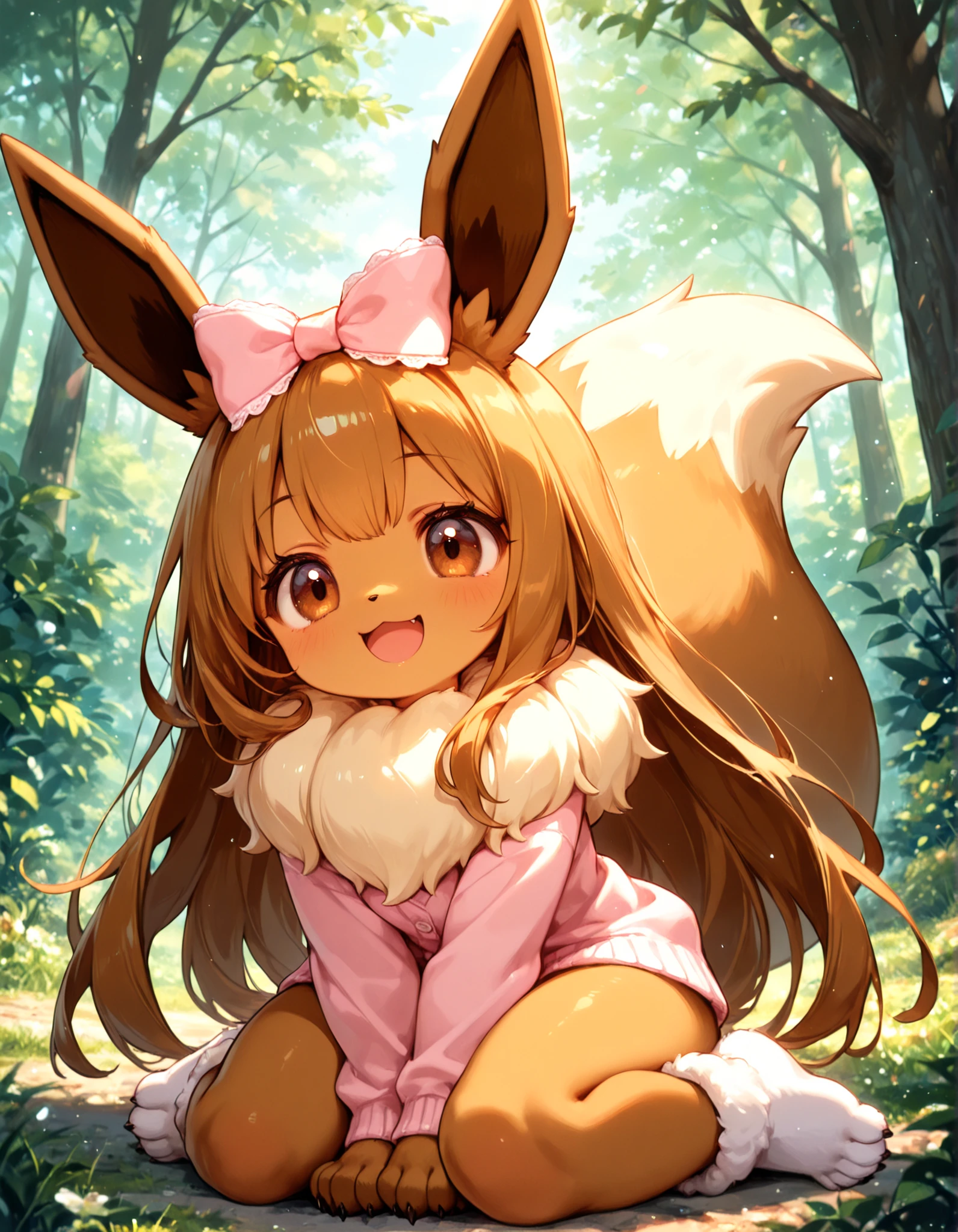 masterpiece, best quality, very aesthetic,, pokekid, eevee, fluffy girl, furry girl, female, smile, smiling, has a big pretty bow in her hair, has animal paws for hands, 1girl, best quality, outdoors, high definition, cute