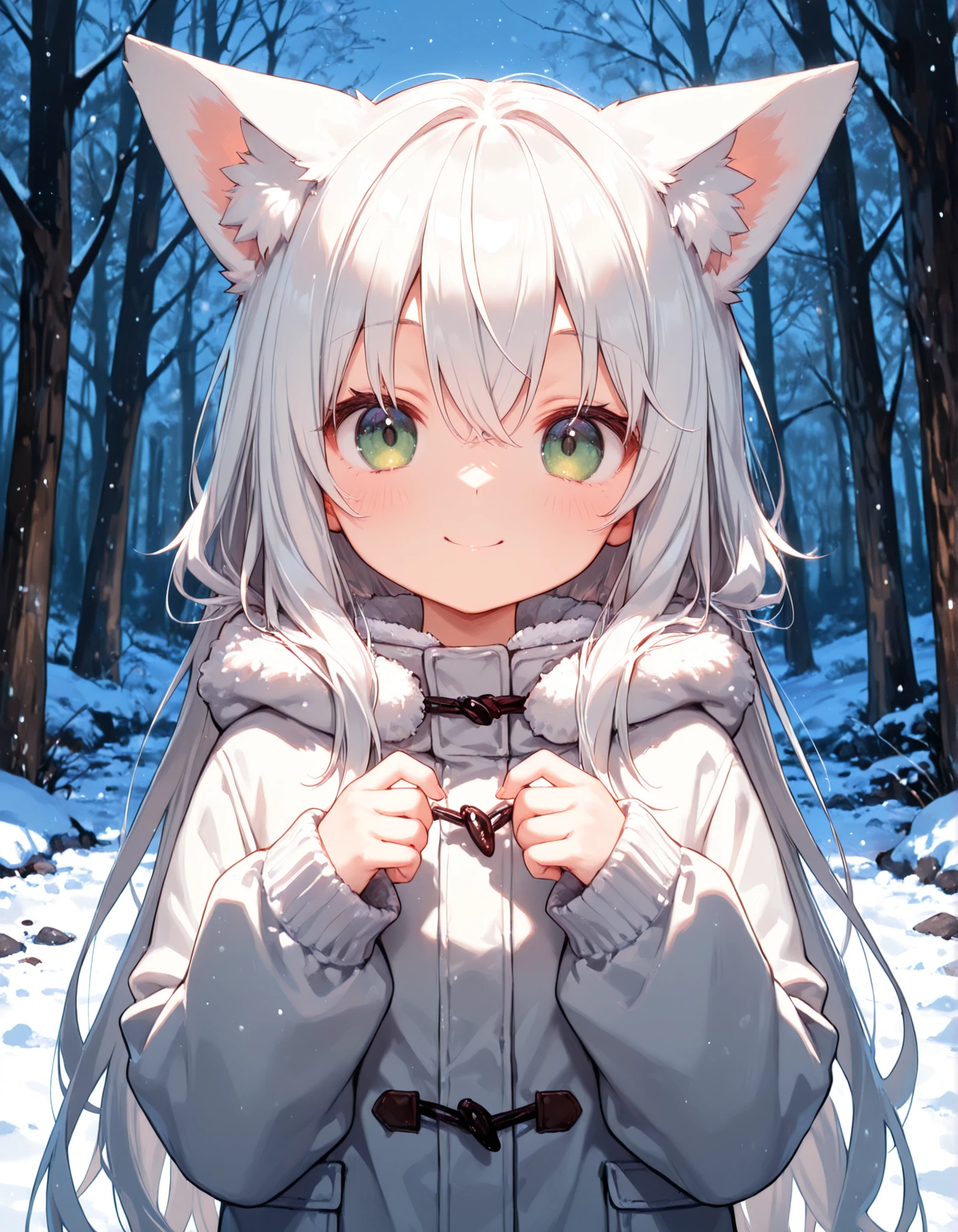 masterpiece, best quality, very aesthetic, 1girl,, anime, solo, BREAK, young fox girl, skinny and frail, (petite,cute:0.5), green eyes, looking at viewer, long hair, white hair, smile, winter clothes, outdoors, winter,