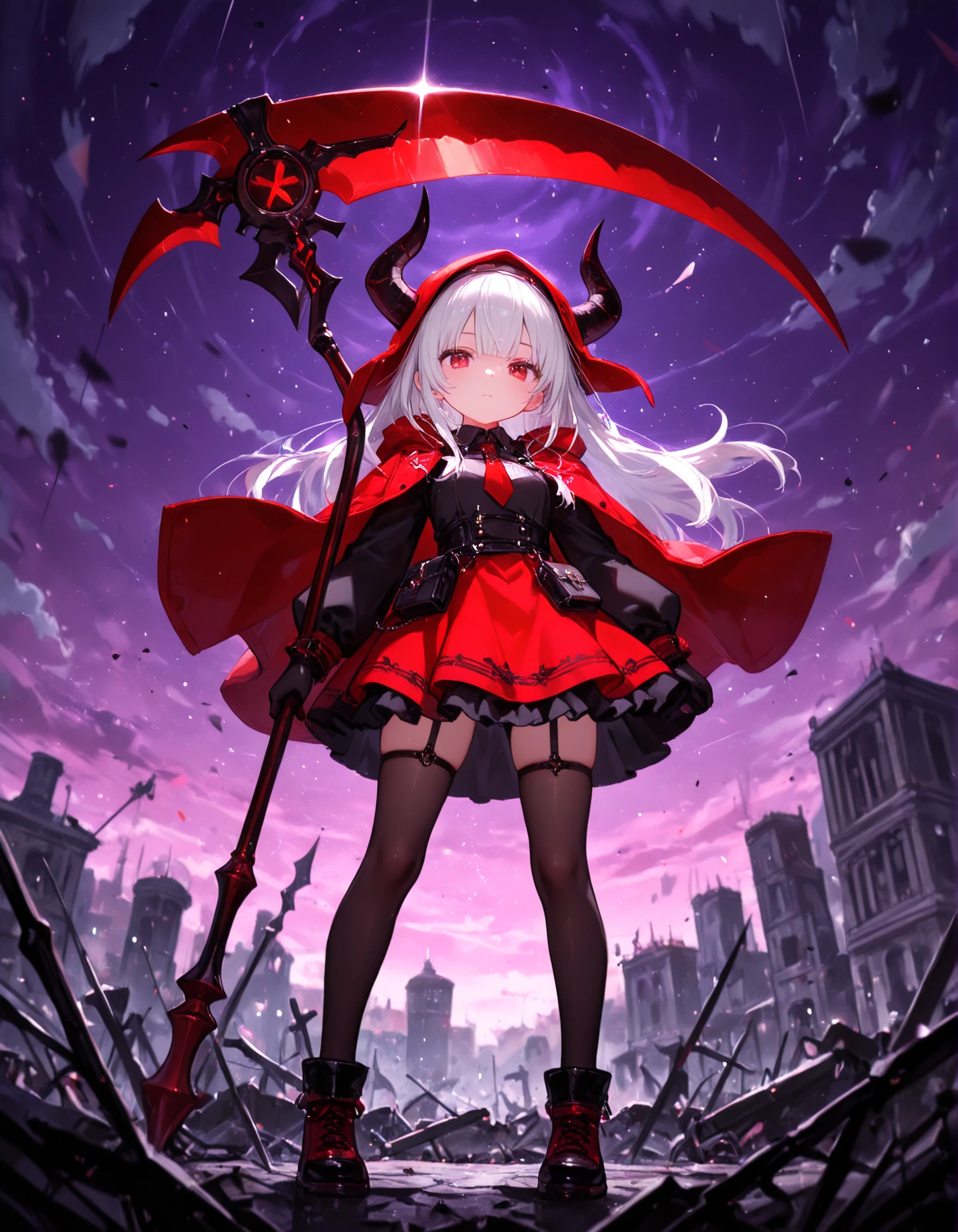 masterpiece, best quality, very aesthetic, 1girl,, solo, red scythe, purple sky