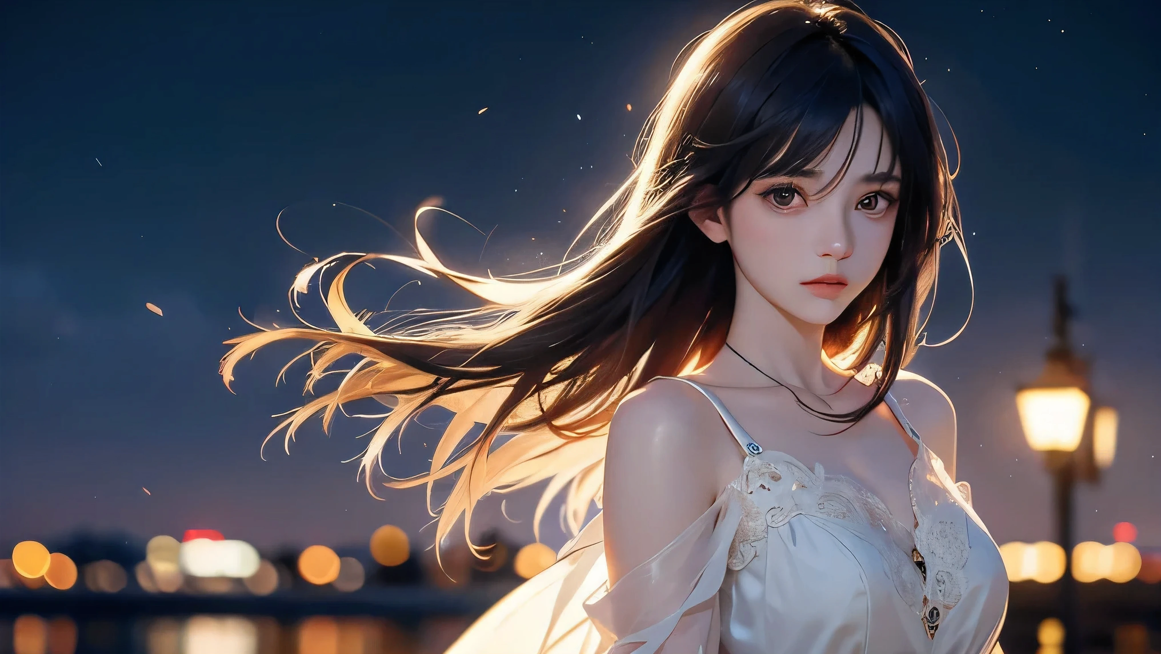 A 2.5D young woman, waist-up, standing under warm streetlights on a quiet night street, soft breeze moving her hair, distant city lights softly glowing, expression of gentle sadness and hope, cinematic lighting, highly detailed, 16:9 aspect ratio, ultra high resolution, semi-realistic anime style with soft focus, inspired by Makoto Shinkai’s color palette and framing、完璧に美しい顔、完璧に美しい手、目や瞳は特に細かく表現