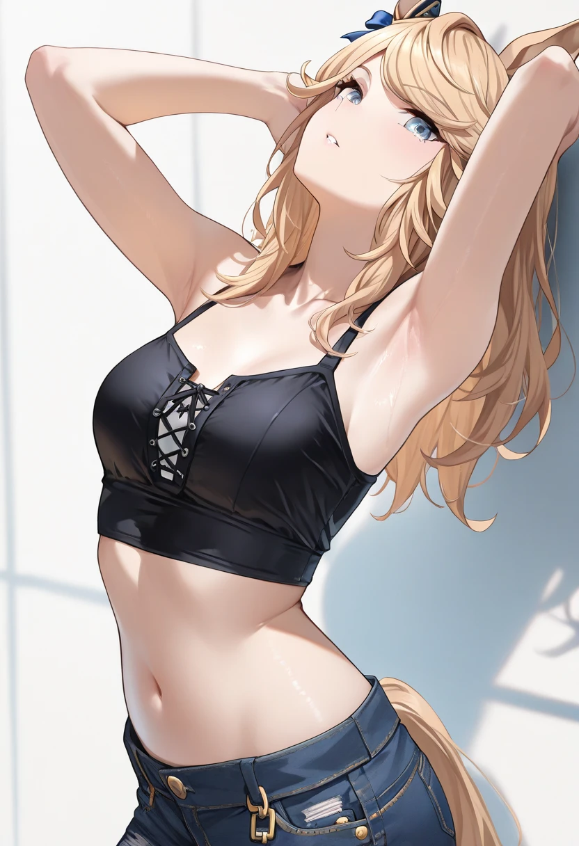 (masterpiece:1.3), (8k, best quality, ultra detailed, ultra high res:1.2), ((anime style)), nsfw, perfect 5 fingers, perfect anatomy,
1girl,
BREAK long hair, ponytail, yellow hair, 
purple eyes, small hair scrunchie, 
[medium breasts], 
BREAK pink lingerie, lace-trimmed bra, (garter belt:1.3), thighhighs, cleavage, side-tie panties, (special occasion thong panties:1.3), (blush:1.1), 
BREAK seductive pose, looking at viewer, cowboy shot, front light, indoor, 