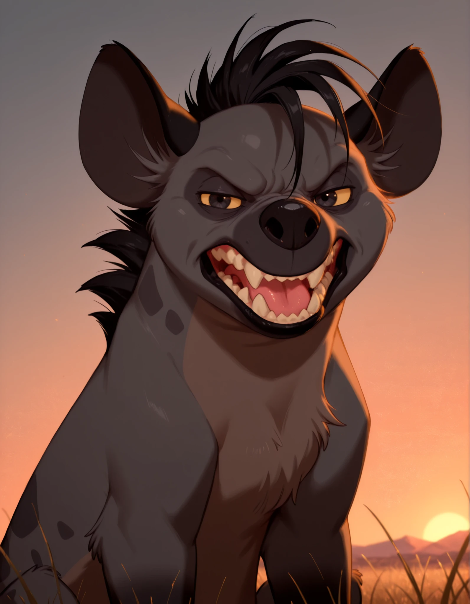 masterpiece, best quality, very aesthetic,, solo, masterpiece, best quality, highly detailed, realistic, 1girl, solo, ShenziTLK, furry, feral, hyena ears, black hair, short hair, back mane, dark-grey inner ear fluff, yellow sclera, black eyes, black nose, dark-grey body, dark-grey fur, dark-brown body, dark-brown fur, two tone body, two tone fur, dark-grey spots, short tail, black tail, smile, open mouth, tongue, sharp teeth, grin, (looking at viewer, sitting, africa, sunset, grass, front view, detailed background, upper body, narrowed eyes, 3 fingers, paws, hand on own chest, angry