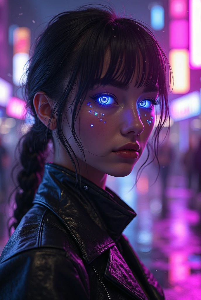 A stunning cyberpunk portrait of a young woman with glowing cybernetic ...