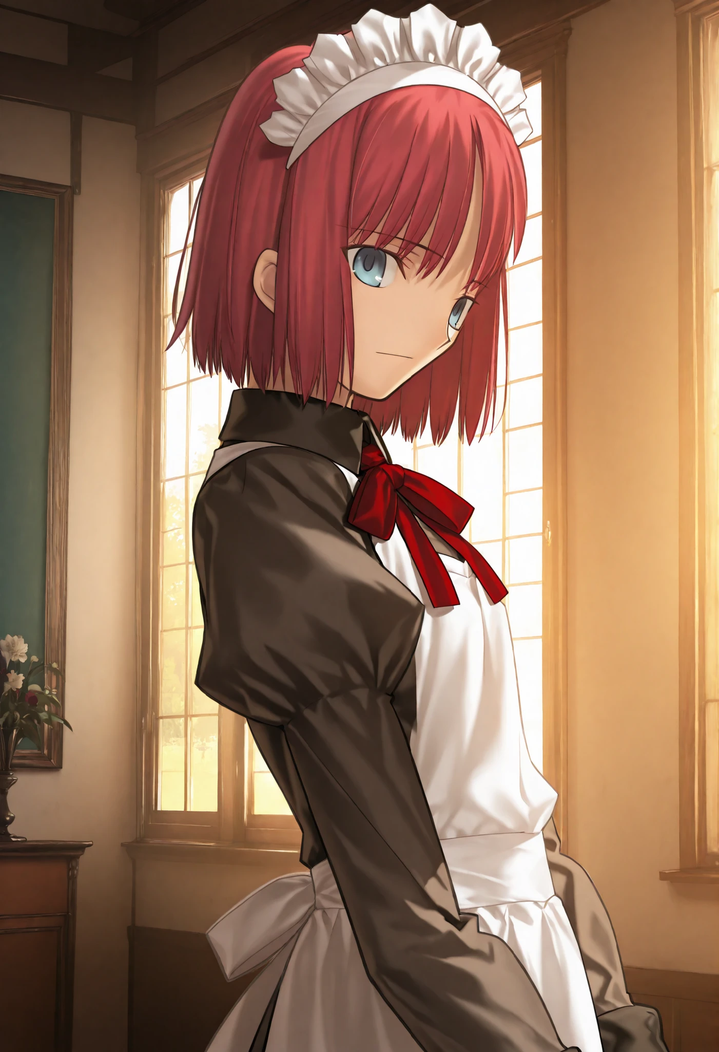 masterpiece, , absurdres, highres, detailed background, high resolution, masterpiece, necessary, detail, best quality, quality, necessary, details, High details, Precise, dark, indoors, school, day, from side:0.7, upper body,
1girl, , Takeuchi Takashi (type-moon,tsukihime) style, takeuchi takashi style, solo,
girl, (hisui (tsukihime), ((very light blue eyes)), red hair, short hair, bob cut, flipped hair, maid headdress, neck ribbon, red ribbon, juliet sleeves, maid, maid apron, collared dress), (tsurime), (), expressionless, ,
(black dress shirt, white apron), , dark red ribbon, small , flat , , looking at viewer, ,