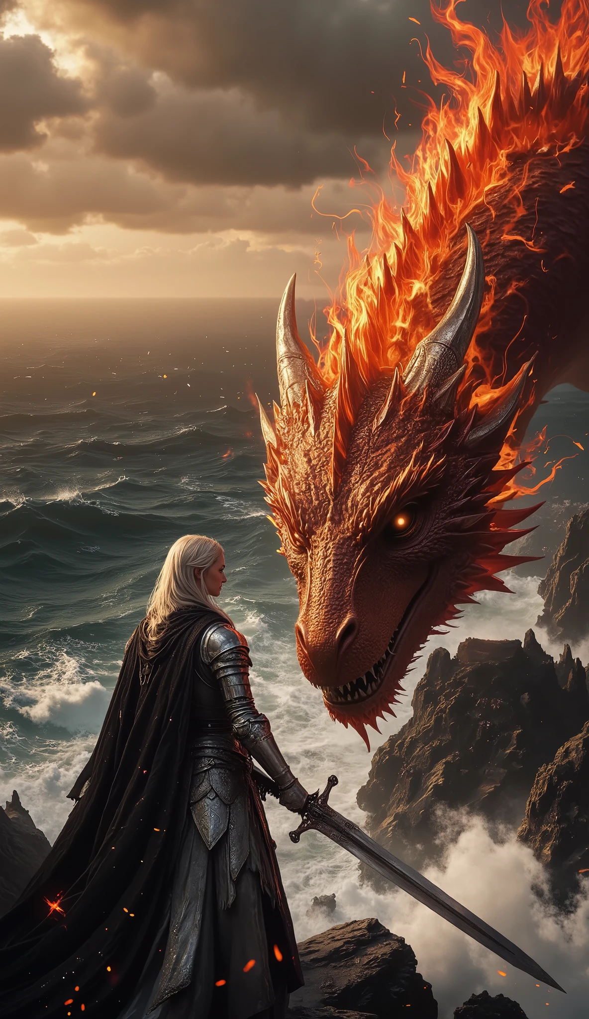 score_9, score_8_up, score_7_up, ( UHD, 8K, 16K, ultra detailed),((realistic)) dawn, coastline, 1 female knight and 1 dragon,  (silver armor), (tattered black cloak), The female knight holds a long sword and slashed  towards the ((unfazed dragon)). The dragon's head is completely made up of flames, with a long tail on fire at the end.
intricate details , natural light, diffused light, dramatic ambient