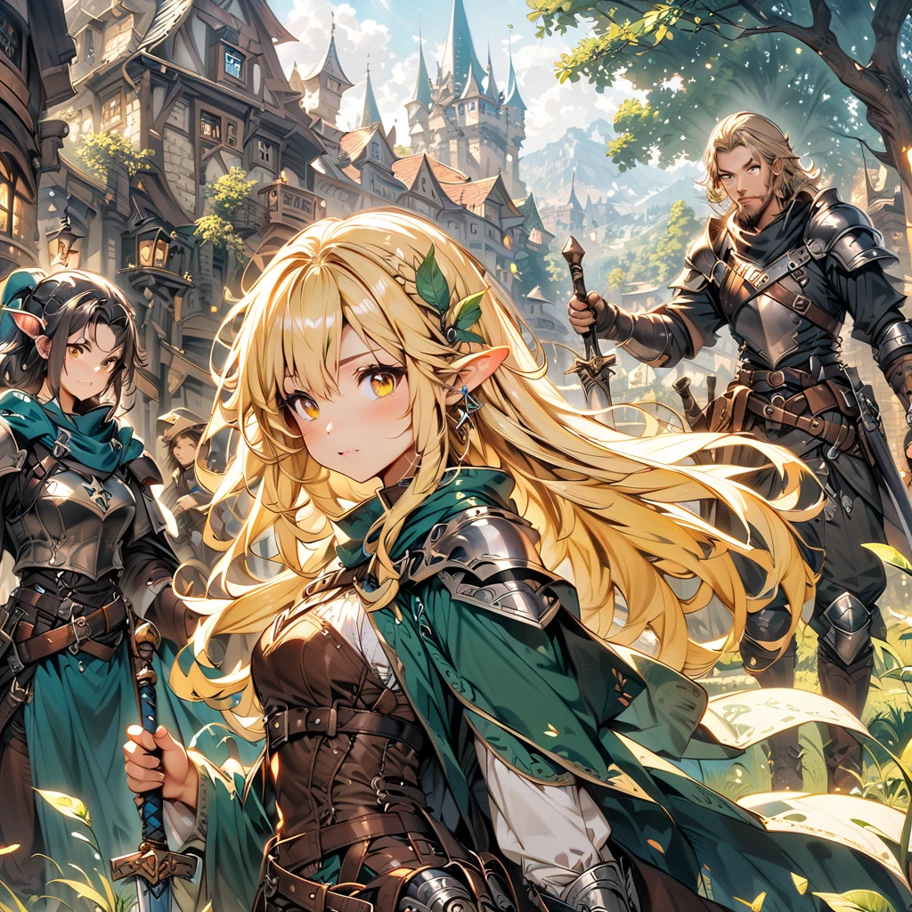 genshin impact original character, dendro, female, blonde, green eyes, polearm, elf, cat