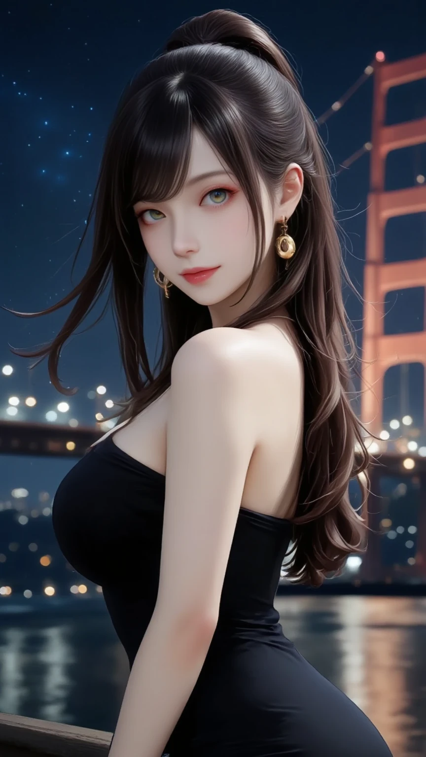 (logo, masterpiece, 8K, Tabletop, RAW Photos, wonderful, 最high quality, Photorealistic and very detailed CG composite 8k wallpaper, high quality, Very detailed, Narrative poem, Particle Effects, Dynamic Effects, Depth of the Boundary, What is written i, Cinematic Light, Lens flare, Ray Tracing), high detail skin, (very fine, fine skin texture, intricate details, beautiful face, (realistic face), realistic eyes, beautifully detailed eyes, realistic skin, beautiful skin, surreal, very detailed Golden ratio, smiling eyes, ((night moonlight background) )), body portrait, G cup, big breasts, huge breasts, big breasts, glamorous, sexy knit dress,