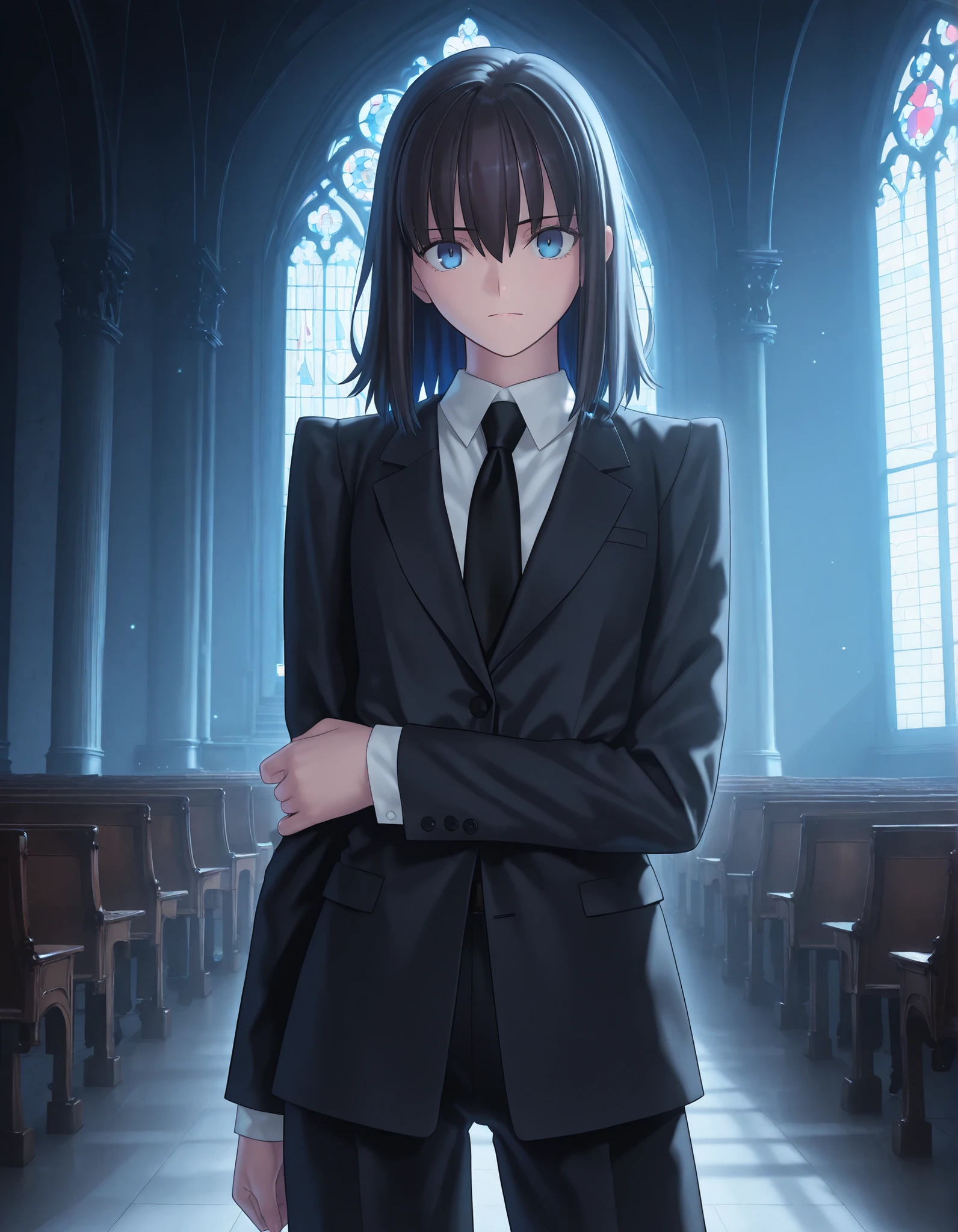 masterpiece, best quality, amazing quality, , 1girl, solo, ((church)), looking at viewer, <lora:Fate_SNHA_style_ILL-v2:1> fatesnhastyle, game cg,fatevnstyle, ((cinematic light)),((beautiful marine blue eyes)), (slit pupil), wavy hair ,black hair, hair down, medium hair, side arm under , , (detailed black suit style), white undershirt, black necktie, ,(flat ), ,(),(standing), , cowboy shot, black hair,