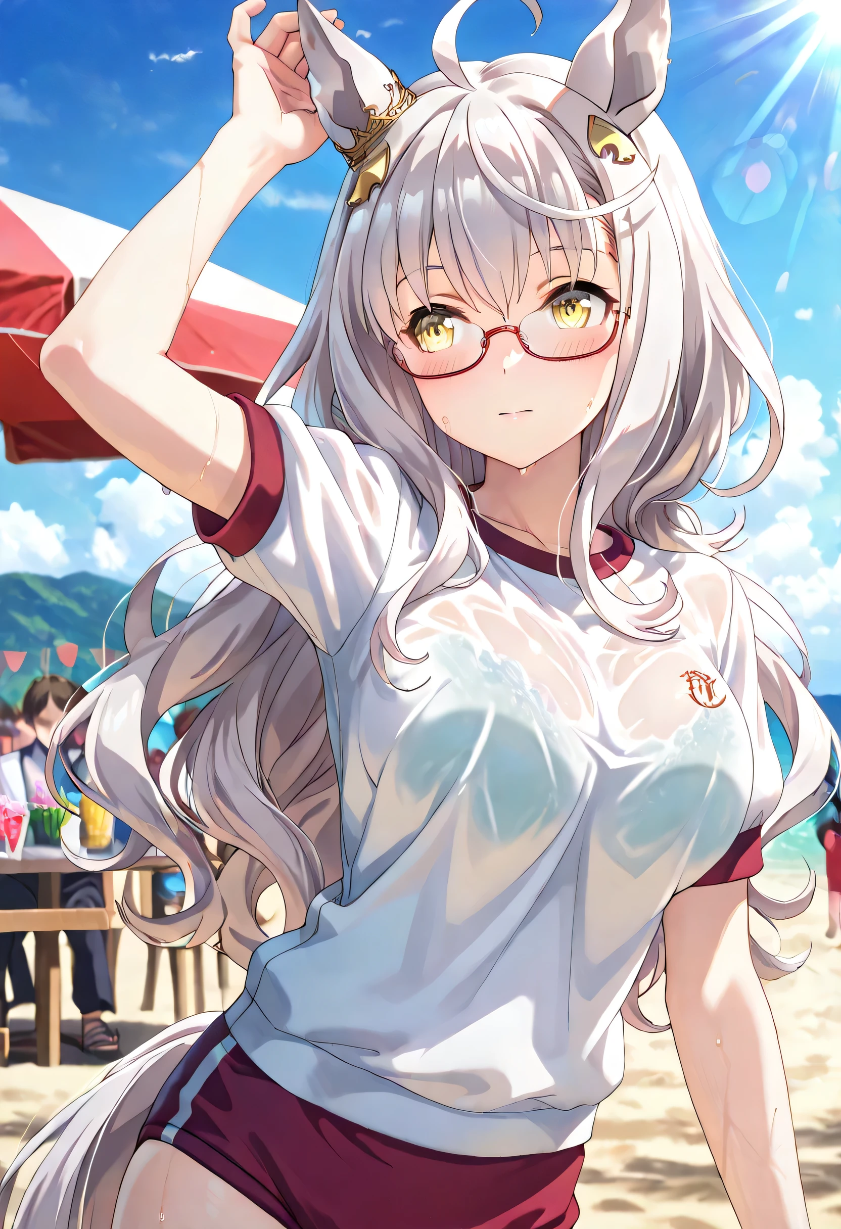 ((ultra-detailed)), (highly detailed CG illustration), (best quality:1.2), ultra-highly detailed, colorful composition, artistic photoshoot, 1girl, solo focus, upper body, moe anime character, round face, rounded chin:1.2, short height, biwa hayahide\(umamusume\) horse tail, ahoge, hair ornament, wavy hair, white hair, yellow eyes, glasses, semi-rimless eyewear, animal ears, ear ornament, ample breasts, white short sleeve gym uniform with purple rim:1.3, purple school gym buruma:1.3, sweat:1.2, wet clothes:1.2, gentle smile:1.3, blush:1.3, holding a very big sweet corn Ice cream:1.4, colorful lce cream:1.3, Standing at the Beach:1.3, beautiful sky, from front:1.2, dynamic pose, contrapposto pose:1.3, best quality, expecting, pink cheek, blush, light pink gloss slip, portrait, depth of field, sparkling sunlight, lighting, backlighting, shine, lighting, caustics, ray tracing, perfect face, lustrous skin, highly detailed face, highly detailed eyes, perfect face, perfect nose, perfect hair, perfect eyes, perfect anatomy, beautiful hair, beautiful small face, extremely detailed face, beautiful detailed eyes, beautiful clavicle, beautiful body, beautiful ample breasts, leavage, breasts squeezed together, equalize the size of the left and right breasts, beautiful thin thighs, beautiful legs, beautiful fingers, (4 fingers), 1 thumb, lovely, (very detailed background:1.0), (highly detailed background:1.0), summer aesthetic, intricate details, festival atmosphere, summer colors palette, chromatic aberration