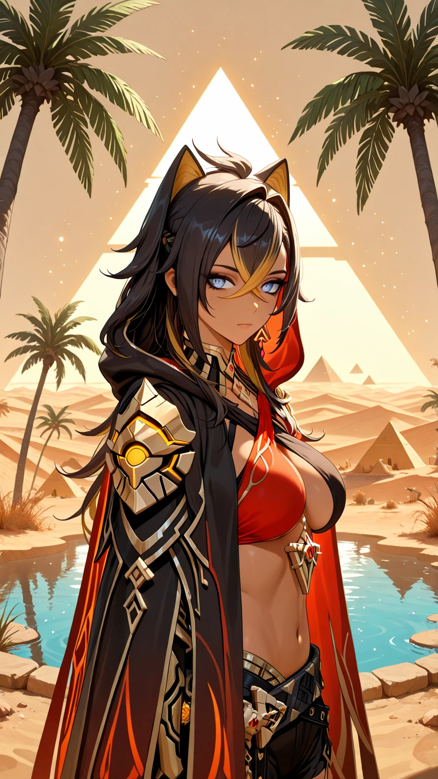 ((masterpiece)), ((best quality)), (ultra-detailed), absurdres, extremely detailed CG unity 8k wallpaper, Official Art, Accurate describe shapes, (realistic), detailed hands, expressive eyes, upper body, close-up, solo, (desert, scenery, dramatic light, illustration:1.1), (standing, arm at side, smirk:1.2), (1girl, mature female, large breasts, brown hair, long hair, yellow eyes, dark-skinned female, hair between eyes, ahoge:1.4), (ozymandias - first ascen, black bodysuit, sleeveless, golden gauntlets, waist fauld, arm guards, egyptian clothes, earrings, jewelry:1.3), , ((masterpiece)), absurdres, HDR, arjuna (fate)   <lyco:GoodHands-beta2:1.0> <lora:epi_noiseoffset2:0.7>   <lora:Ozymandias-10:0.7>