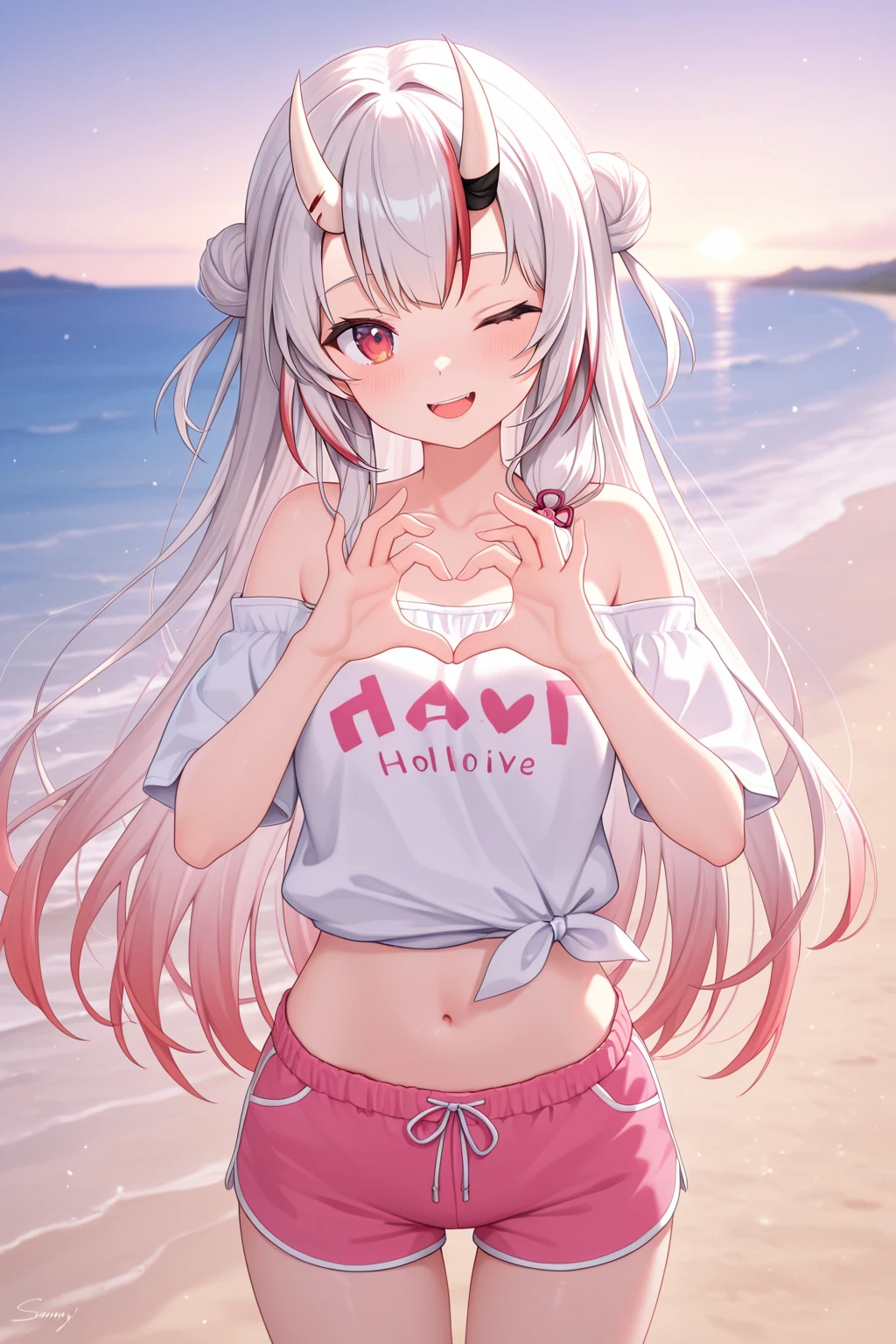Black-thigh-highs, big, long distance, sitting on a chair, spreading legs, laughing, arms on hips, sideways, long blonde waves, dressed in pink sailor suit, red collar and red miniskirt, delicate face high school girl with red ribbon. Anime-style illustrations.