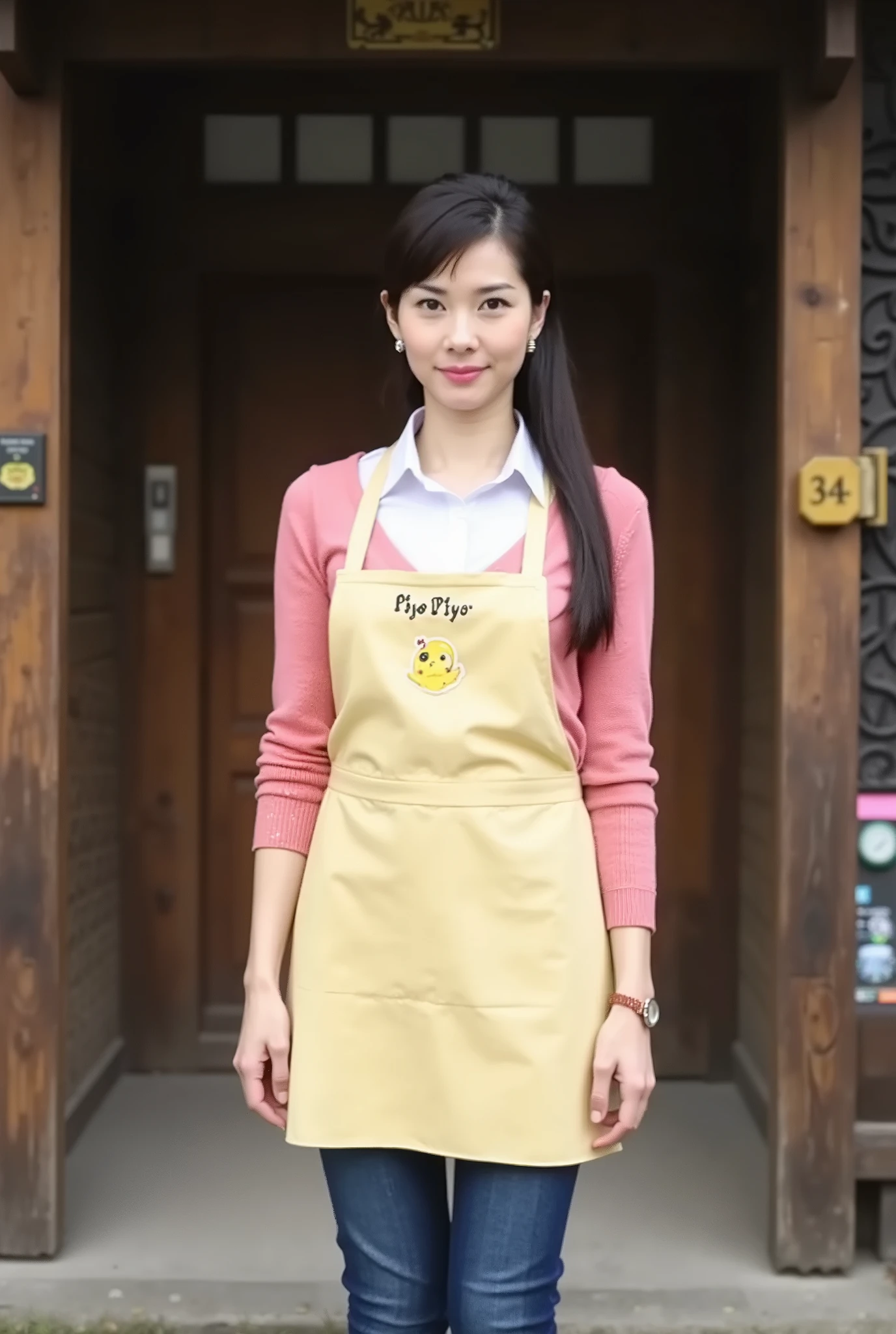 A high resolution photograph of a Japanese adult woman.
She has and flawless porcelain-white skin.
Her hairstyle is straight long black hair in a ponytail with hair scrunchie.
She wears a pink sweater, a white collared shirt,
a lite-yellow apron with the words "Piyo Piyo" and an illustration of a chick on the , denim pants, white socks and open-toe sandals.
She stands in front of the entrance to an old two-story wooden apartment building with a clock tower.
The image depicts detailed face, detailed eyes, sophisticated nose and anatomically correct proportion.
The amazing quality, extreme details, intricate details, sharp focus and use of professional lighting techniques make this photograph a masterpiece.
The image is photo-realistic style.