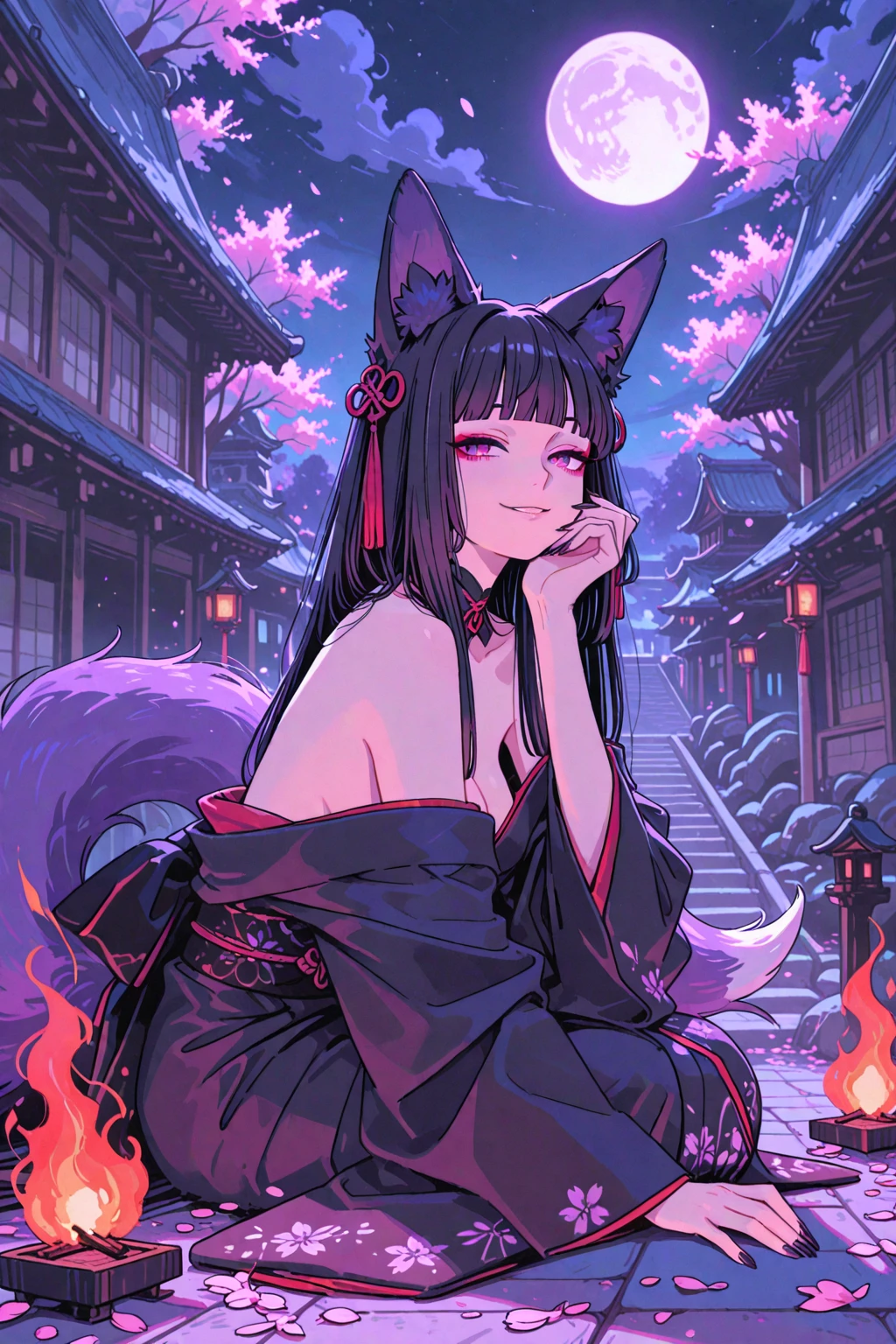 ((Highest quality))、(masterpiece),(deep shadows)、,email, (１6 year old beautiful girl),(colored inner hair　black hair + pink inner hair),eyes widen、(with star-shaped irises),BREAK　Blue eyes　BREAK

aanazuna, side tail, long hair, multicolored hair, choker, undone clothing, off shoulder, kimono

in focus with blurred background, in the Japanese festival, at dusk, from above, upper body, wide shot, wide-angle lens, warm lighting, moonlight, at night, at festival