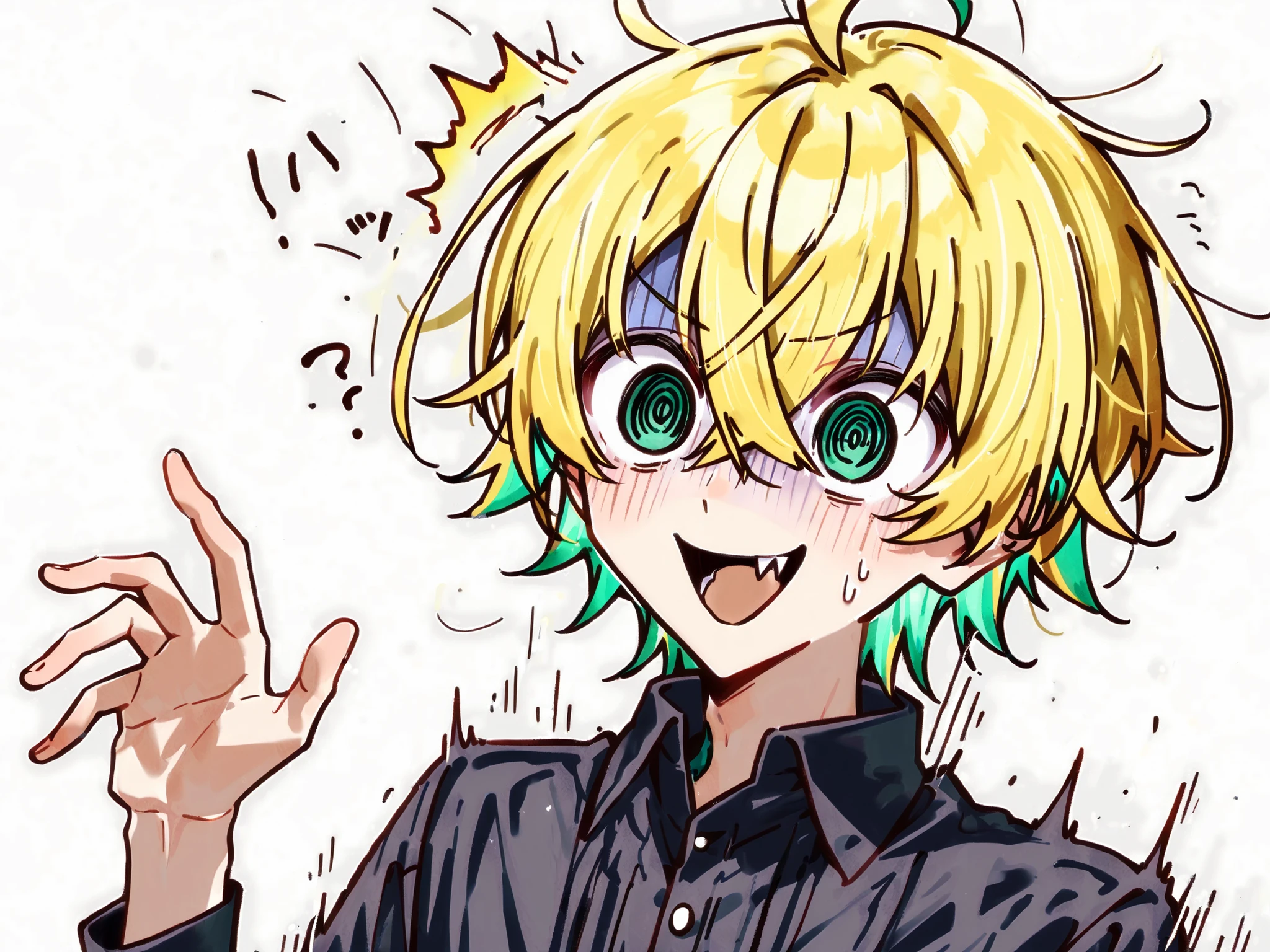 ((solo)), ((one boy)), short hair, blonde hair, green inner hair, green eyes, hollow eyes, (@_@), black shirt, collard shirt, ahoge, ((hairs between eyes, crossed bangs:1.3)), sharp tooth, white background, open mouth, ((surprised)), ((smile)), ((panicking:1.3)), upper body , ((V-shaped eyebrows)), turn pale