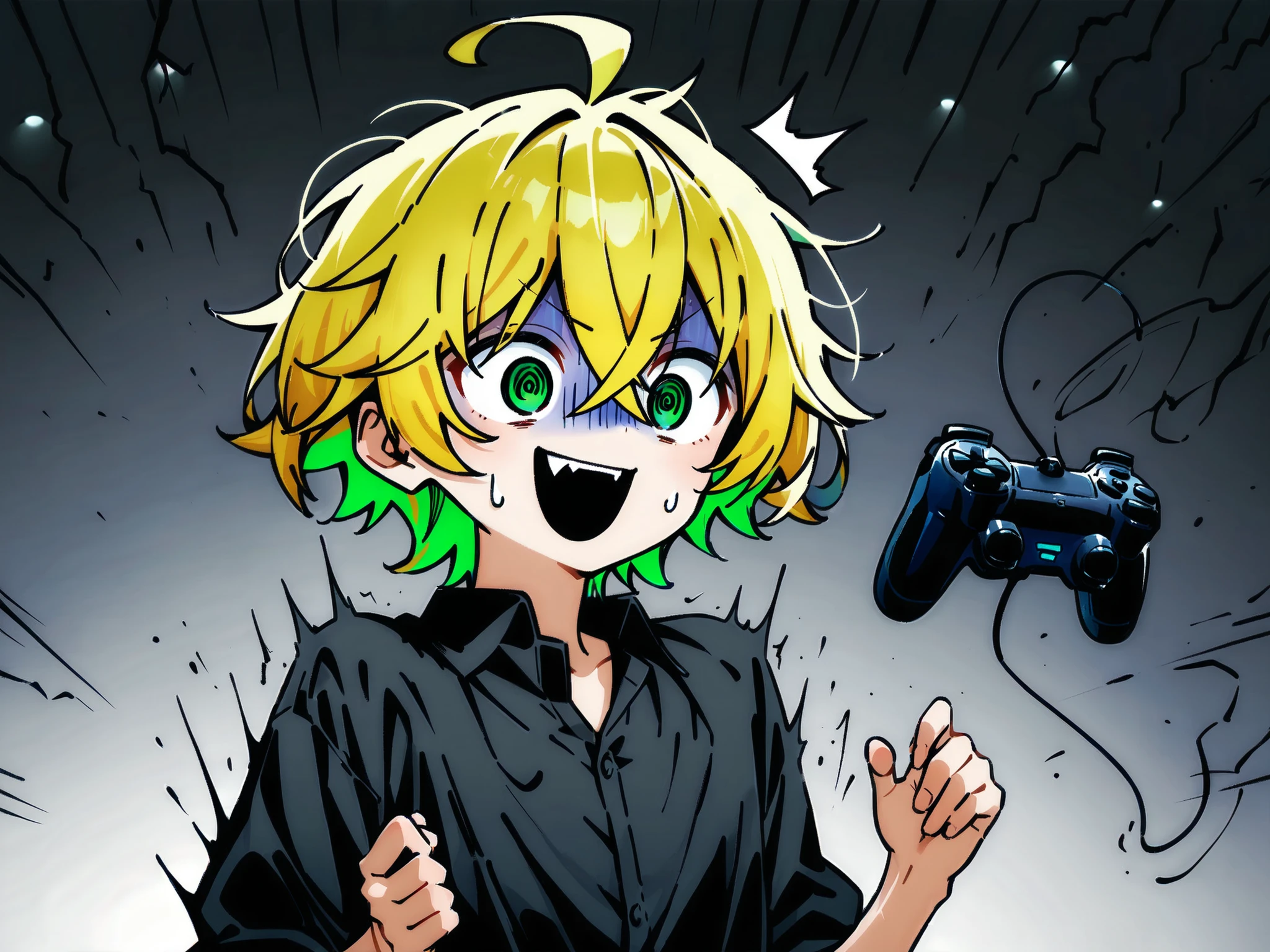 ((solo)), ((one boy)), short hair, blonde hair, green inner hair, green eyes, hollow eyes, (@_@), black shirt, collard shirt, ahoge, ((hairs between eyes, crossed bangs:1.3)), sharp tooth, white background, open mouth, ((surprised)), ((smile)), ((panicking:1.3)), upper body , ((V-shaped eyebrows)), turn pale, dark room gamer setup with controller lights