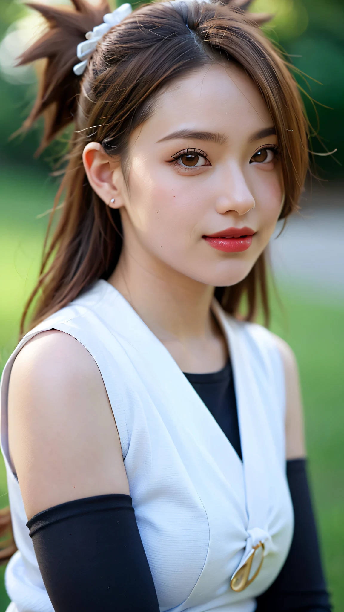 Chocho Akimichi from Boruto: Naruto Next Generations, ultra realistic portrait, beautiful teenage girl with a confident and friendly smile, warm brown eyes, full red lips, smooth caramel skin, long wavy brown hair with soft highlights tied in two ponytails, wearing her iconic sleeveless maroon outfit with black mesh undershirt and black gloves, small delicate earrings, subtle natural makeup, intricate fabric textures, lifelike hair strands, realistic skin pores, cinematic natural lighting, bokeh background, 8K ultra HD, extremely detailed, hyper sharp focus