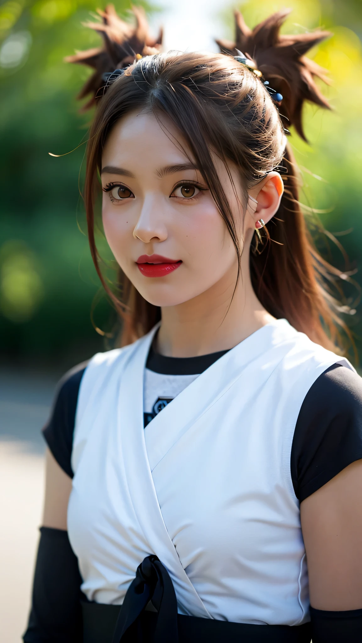 Chocho Akimichi from Boruto: Naruto Next Generations, ultra realistic portrait, beautiful teenage girl with a confident and friendly smile, warm brown eyes, full red lips, smooth caramel skin, long wavy brown hair with soft highlights tied in two ponytails, wearing her iconic sleeveless maroon outfit with black mesh undershirt and black gloves, small delicate earrings, subtle natural makeup, intricate fabric textures, lifelike hair strands, realistic skin pores, cinematic natural lighting, bokeh background, 8K ultra HD, extremely detailed, hyper sharp focus