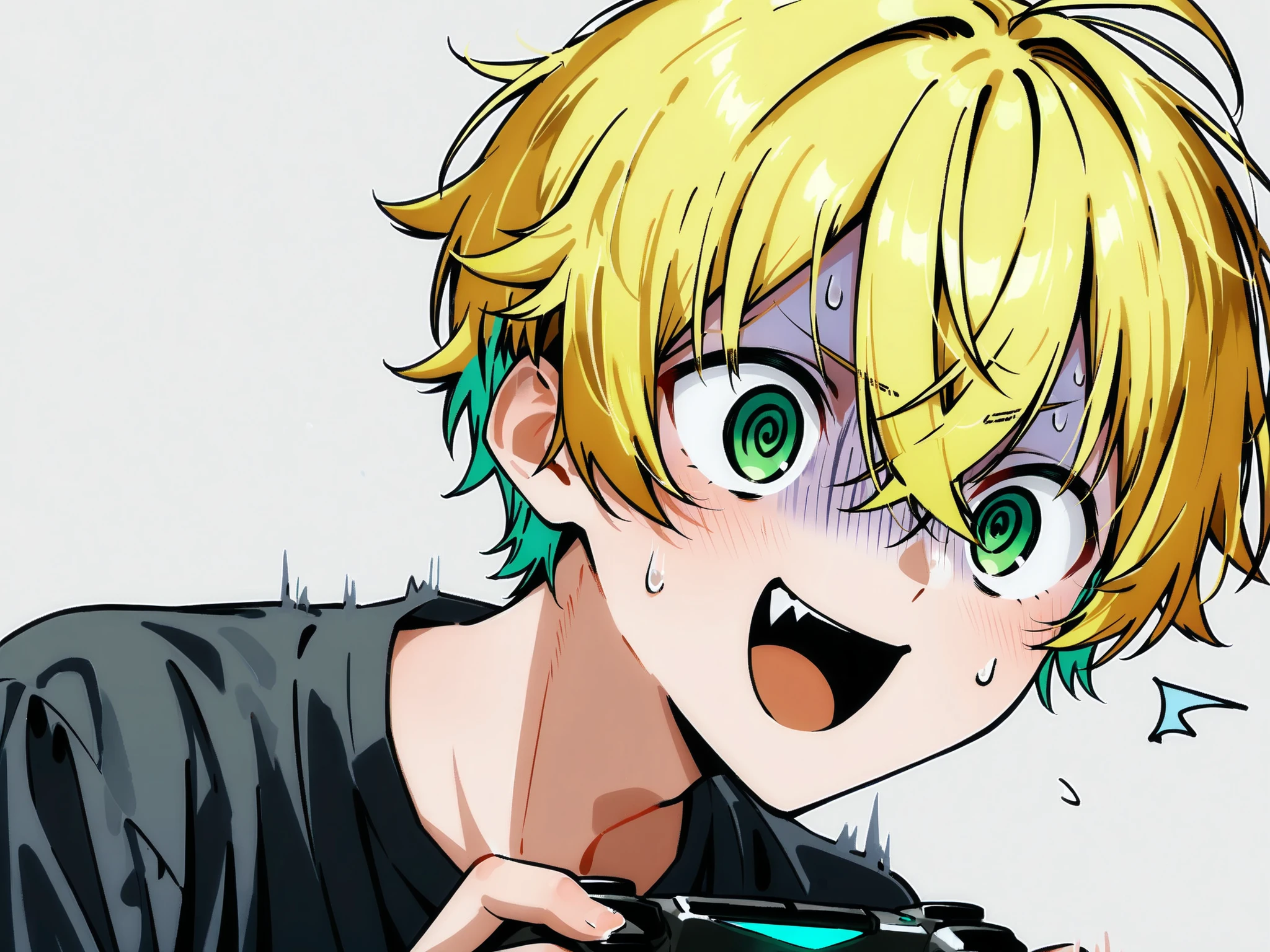 ((solo)), ((one boy)), short hair, blonde hair, green inner hair, green eyes, hollow eyes, (@_@), black shirt, collard shirt, ahoge, ((hairs between eyes, crossed bangs:1.3)), sharp tooth, white background, open mouth, ((surprised)), ((smile)), ((panicking:1.3)), upper body , ((V-shaped eyebrows)), turn pale, dark room gamer setup with controller lights
