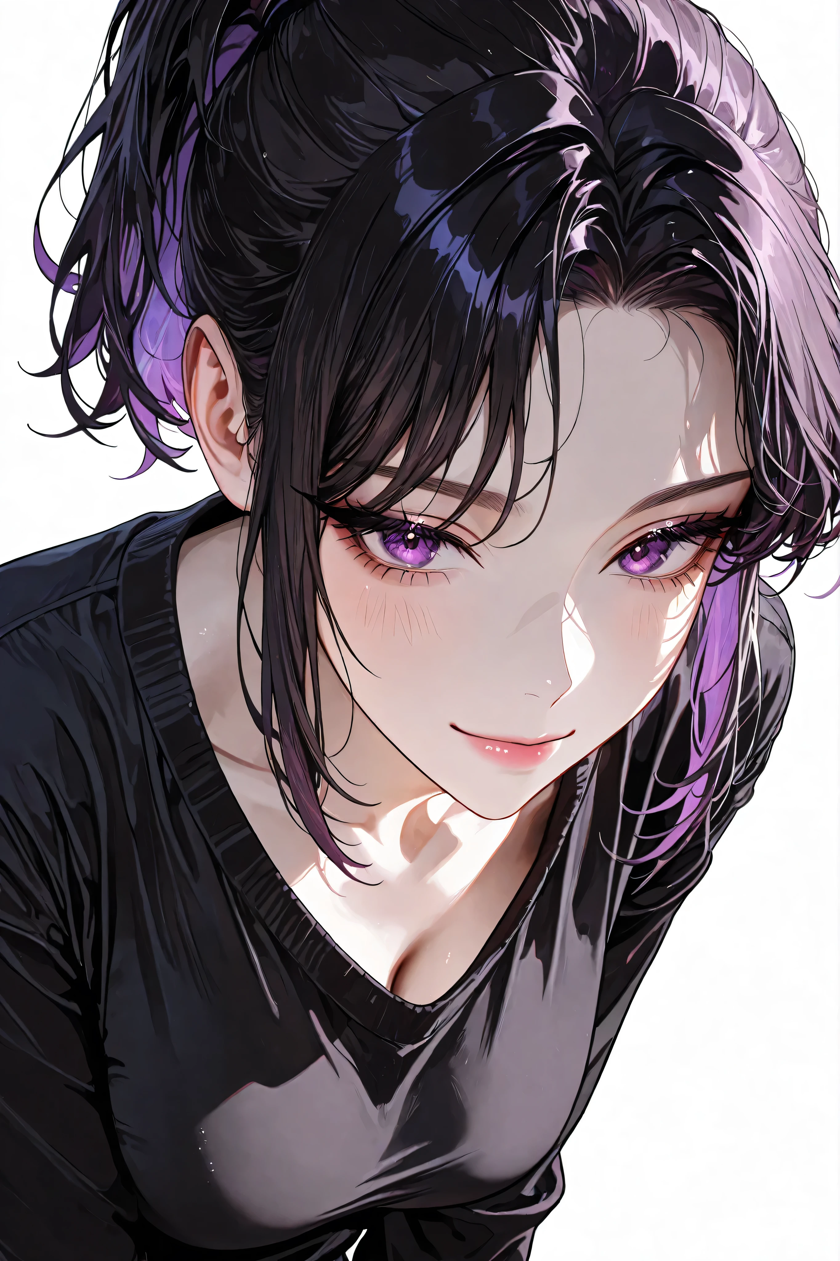 A pretty Korean adult woman with black high, short ponytail hair and purple eyes made a strong impression. She had a modest smile, wore loose, comfortable clothes for going out, and had a skinny body with a feminine feel., Dynamic pose, face close-up, white background