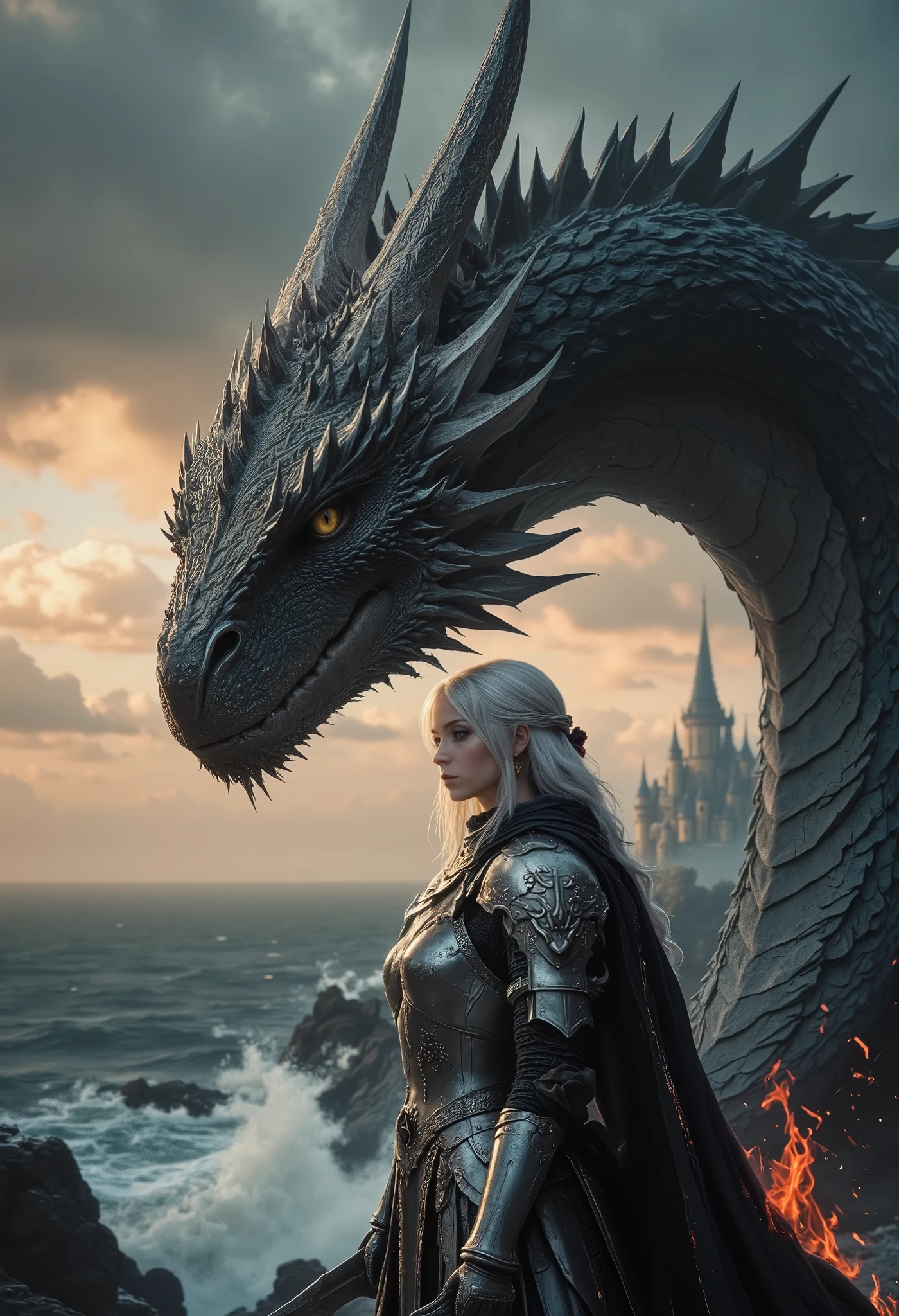 score_9, score_8_up, score_7_up, ( UHD, 8K, 16K, ultra detailed),((hyper-realistic)), (side view), dawn, coastline, 1 female knight and 1 dragon,  (silver armor), (tattered black cloak), (detailed face),(beautiful face), The female knight faces the ((unfazed dragon)) and raises her long sword. The dragon's head is completely made up of  black flames, with a long tail on black flames at the end.
intricate details , natural light, diffused light, dramatic ambient