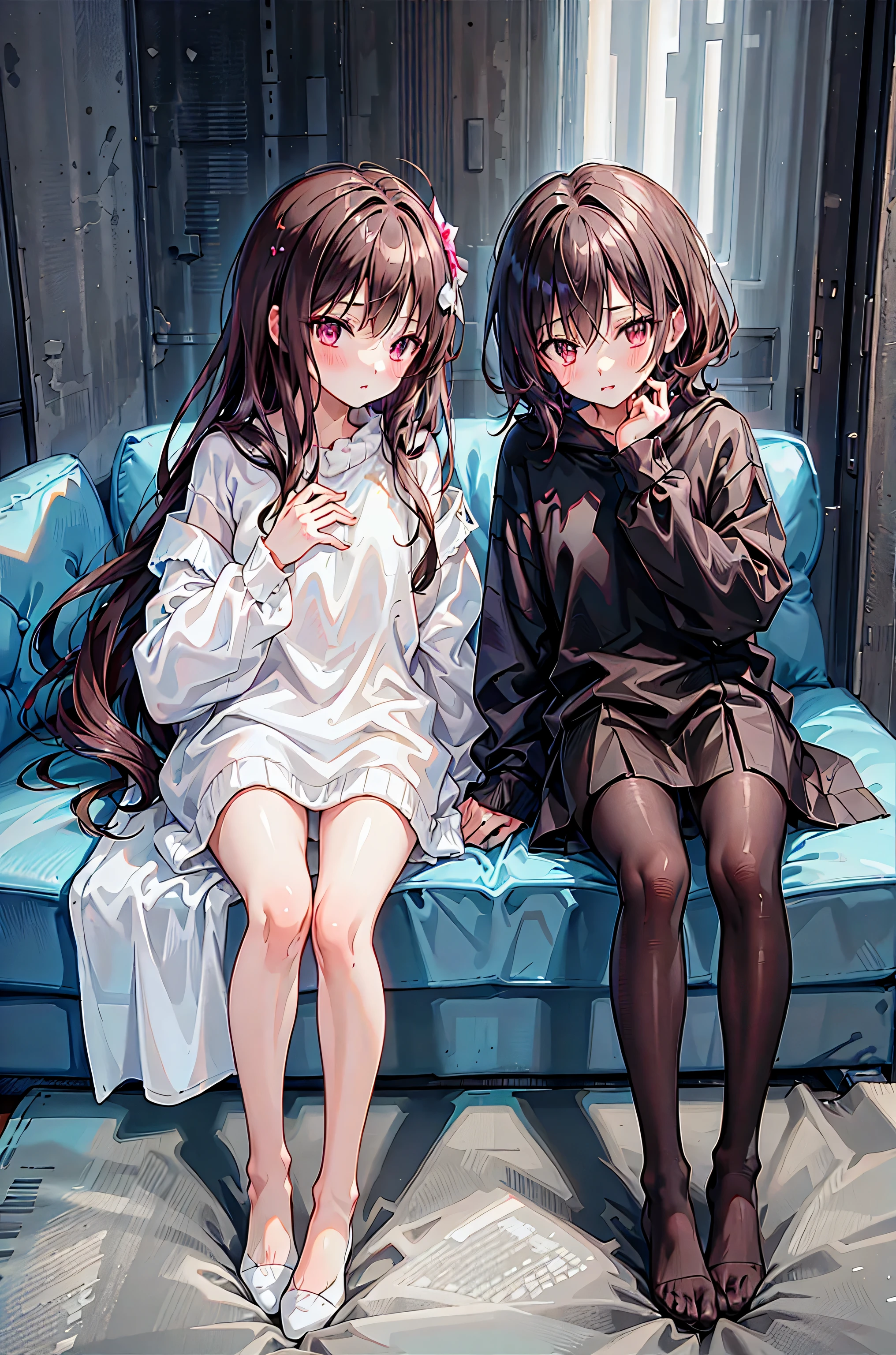  Couple in their 20s、 male1名, woman1 name、unisex light clothing、kissing、glamorous atmosphere、Woman（Medium length brown hair ）close ~ eye、Sweet Sigh、 male（dark haired、place your right hand on a woman's cheek）tightly close your eye、With background（Room、Put your hands on the couch）、Late Night、 dark、anatomically correct limb、girls are slightly skinny、underwear