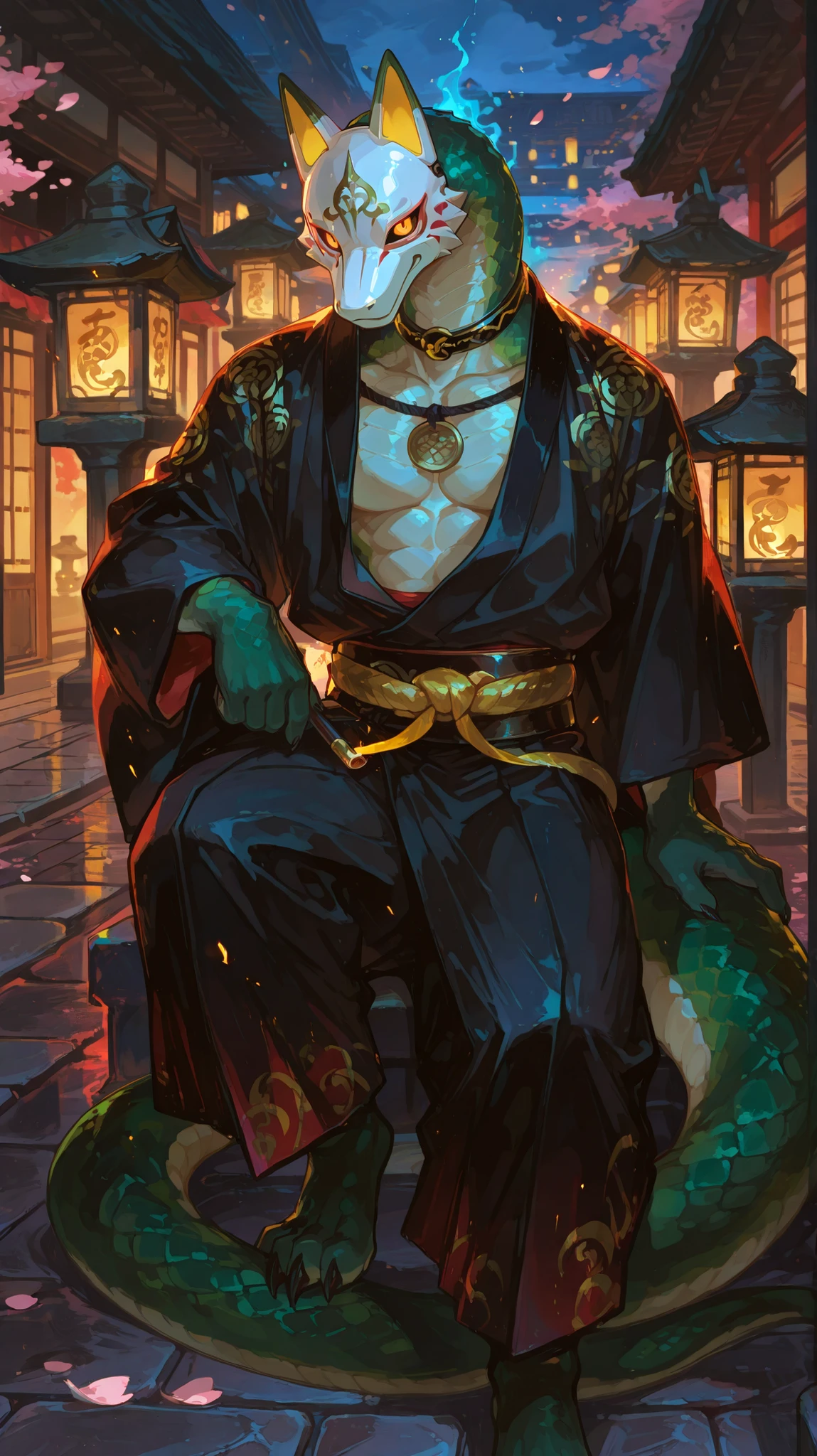 masterpiece, best quality, 8K resolution, HDR, 4K resolution, sharp focus, vibrant colors, anime cel-shading style: Semi-realistic anime with detailed furry features, solo, 1 male snake furry, green scales, muscular physique, white scales on chin and chest, red slit-pupil eyes, coiled tail, wearing a dark indigo Japanese yukata-style top with gold serpent-pattern embroidery on cuffs and collar, loose but tied with a sash to outline muscular torso, black wide matte leather-like cloth obi belt knotted at the front, matching dark indigo loose pants tucked into black cloth gaiters, bare scaled green feet with claws, wearing a white fox mask with red markings covering upper face, leaning casually against a lit stone lantern on a wet cobblestone street at night, muscular right arm resting on top of the lantern, long snake tail coiled elegantly around the lantern base, holding a slender smoking pipe with faint embers in left hand, surrounded by subtle translucent blue magical flame particle effects (like cool visual effects) concentrated around body and tail, red slit-pupil eyes glowing faintly under mask and gazing calmly at viewer, nightime old Japanese-style street background with wooden machiya buildings, several stone lanterns casting warm yellow glow, few cherry blossom petals drifting in hazy mist, slightly blurred background
