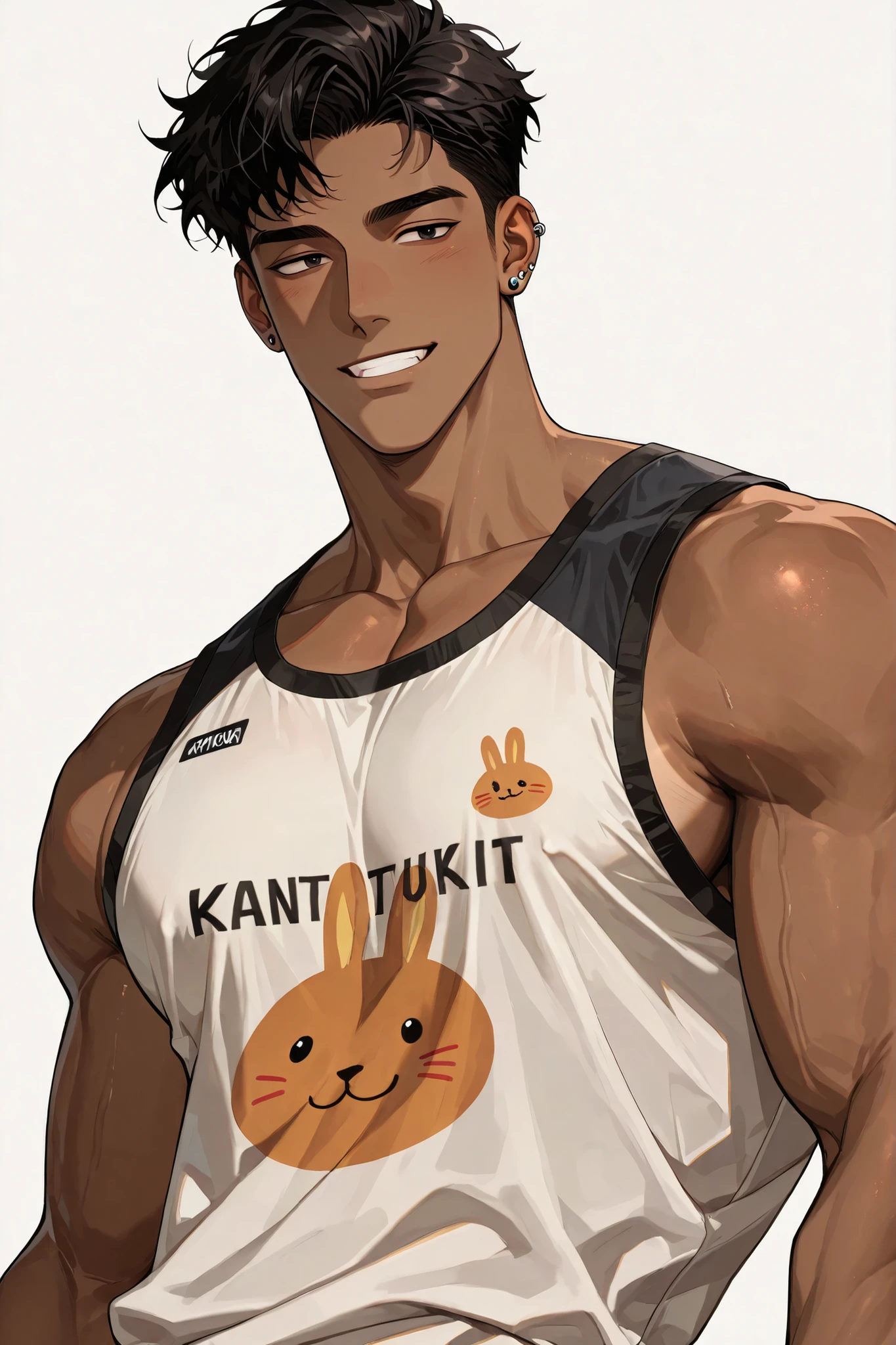 A handsome Korean adult male with dark hair and dark eyes has healthy tanned skin, a confident and proud impression, a bright smile, wears comfortable sleeveless clothes with expensive but awkward prints, and has a healthy body with a masculine feel., white background, piercing