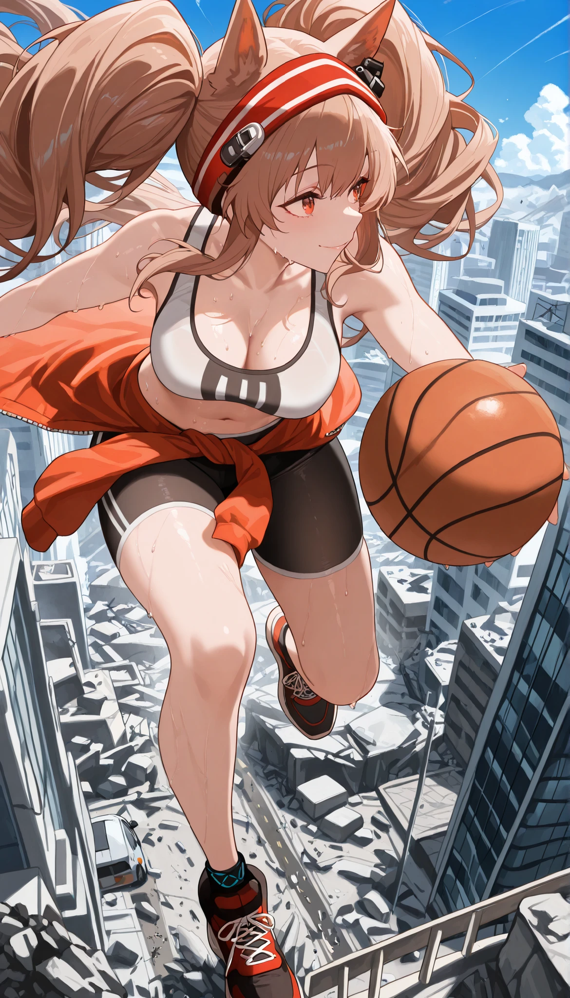 1girl, solo, (giantess:1.4), microcity, angelina_arknights, Ang_Spt, sports bra, white sports bra, orange clothes around waist, bike shorts, black shorts, headband, very long hair, fullbody, dynamic pose, Scattering Cities, Urban rubble being kicked up in the air, impact, smile, collapsed city, Outdoors, Blue Sky, fullbody, very aesthetic, absurdres, body, sweat, face, navel, Tight bodies, glamorous body, Modest abdominal muscles, basketball dribbling, dribbling (basketball), holding, looking to the side, ball, holding ball, basketball (object), basketball, orange sports shoes, (Masterpiece, detailed face, detailed eyes, pov, panorama, best quality, masterpiece, best quality